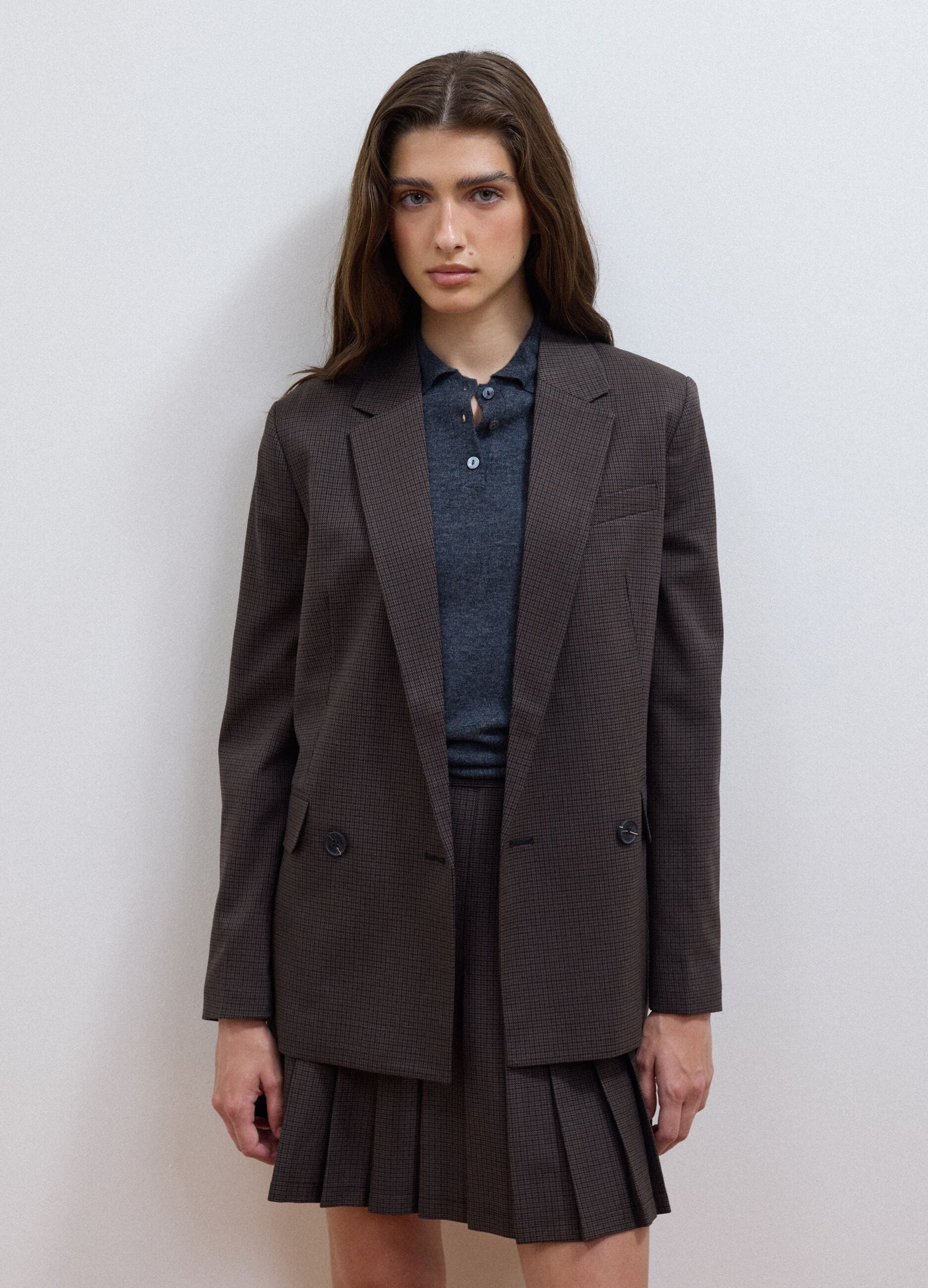 Brown stretch viscose micro-check regular-fit blazer