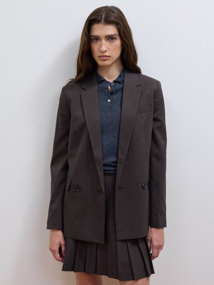 Brown stretch viscose micro-check regular-fit blazer_0