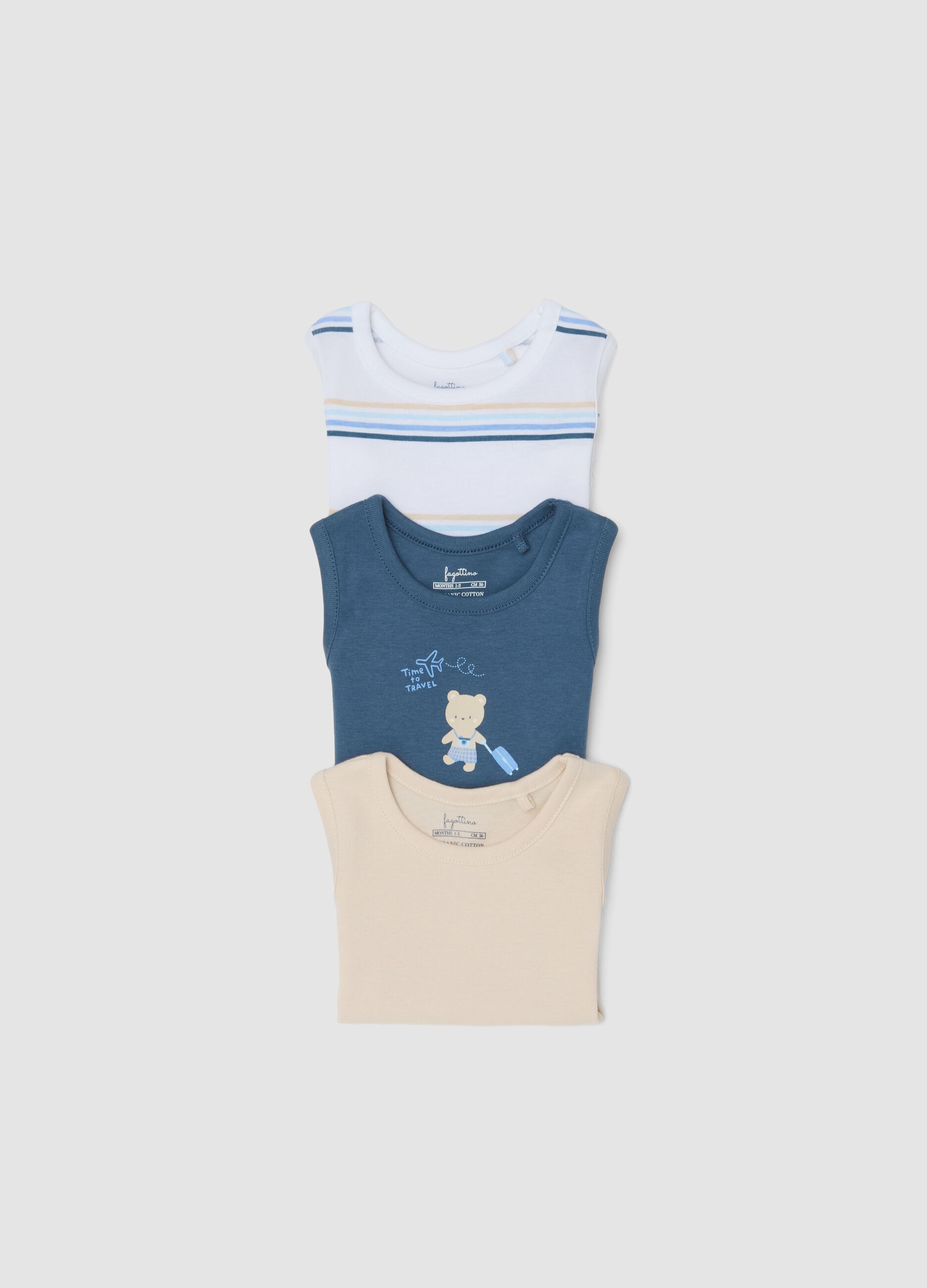 Multicolour sleeveless pure cotton baby bodysuit tripack