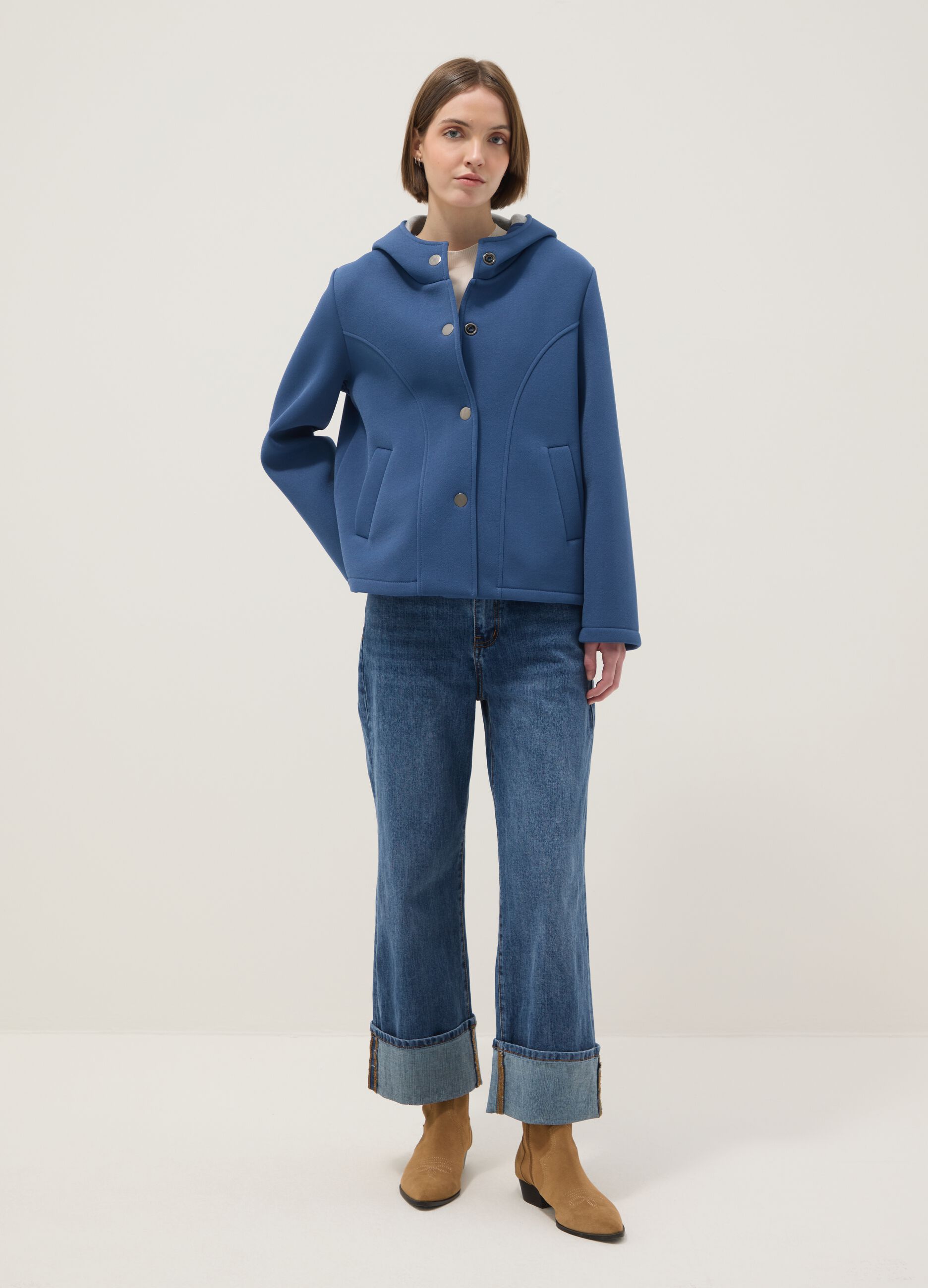 Blue regular fit jacket with hood and buttons