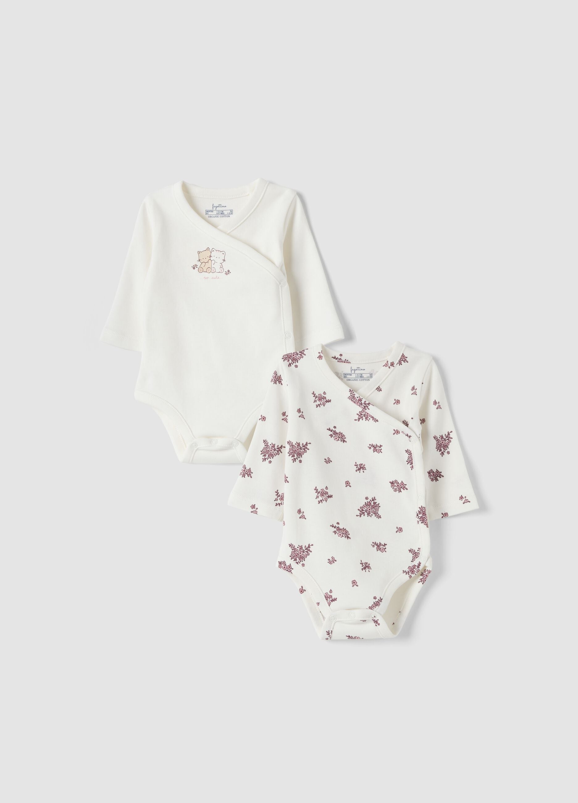 2-pack white organic cotton bodysuits with print