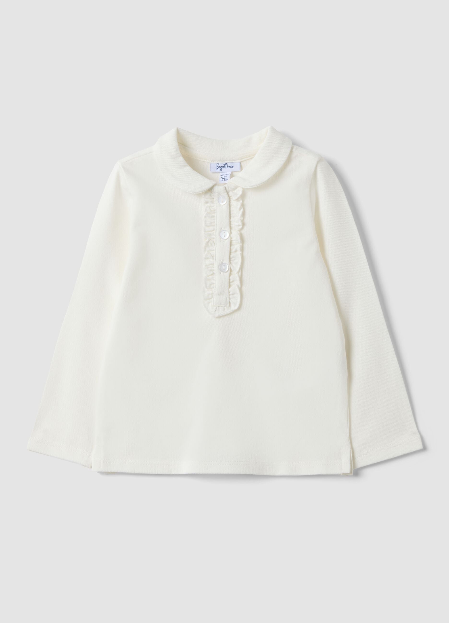 White stretch organic cotton polo shirt with ruffle detailing for baby girl