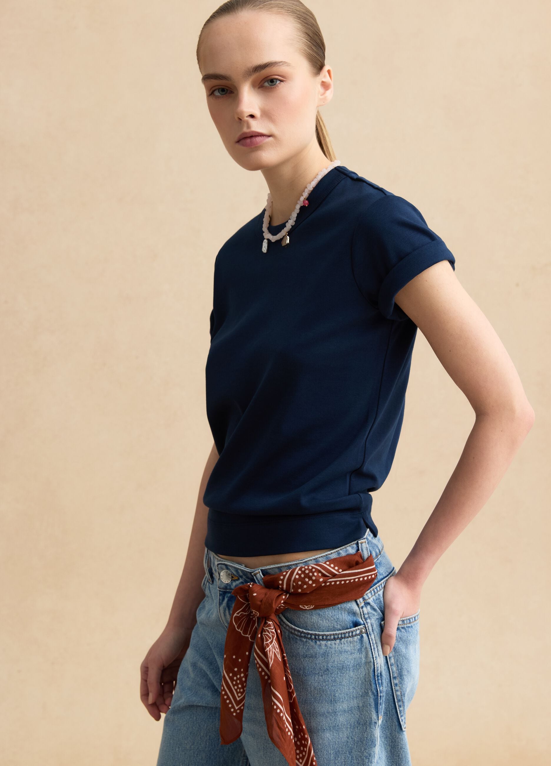 Regular fit blue cotton blend short sleeve t-shirt