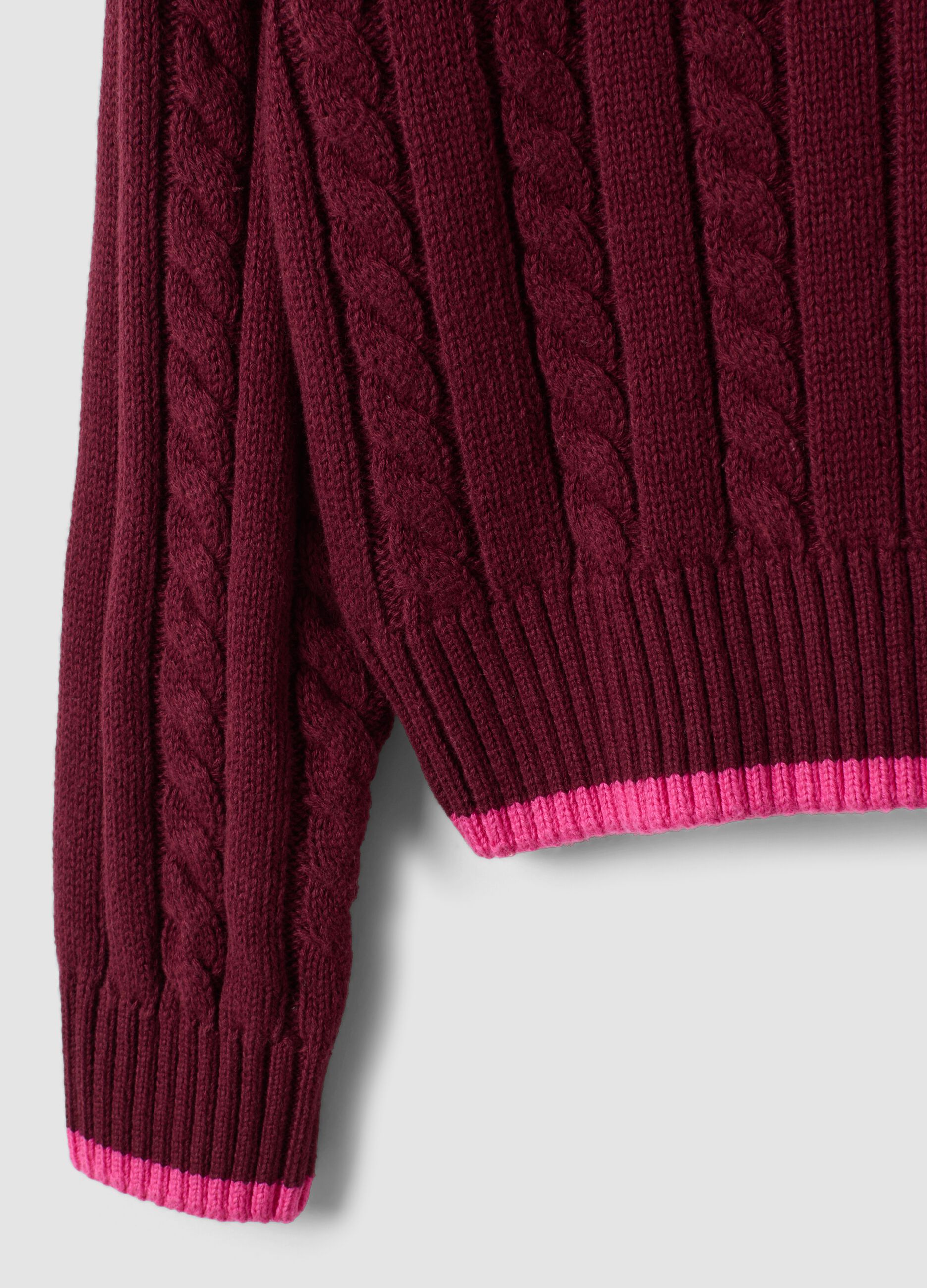 Red pure cotton cable-knit V-neck jumper for girls