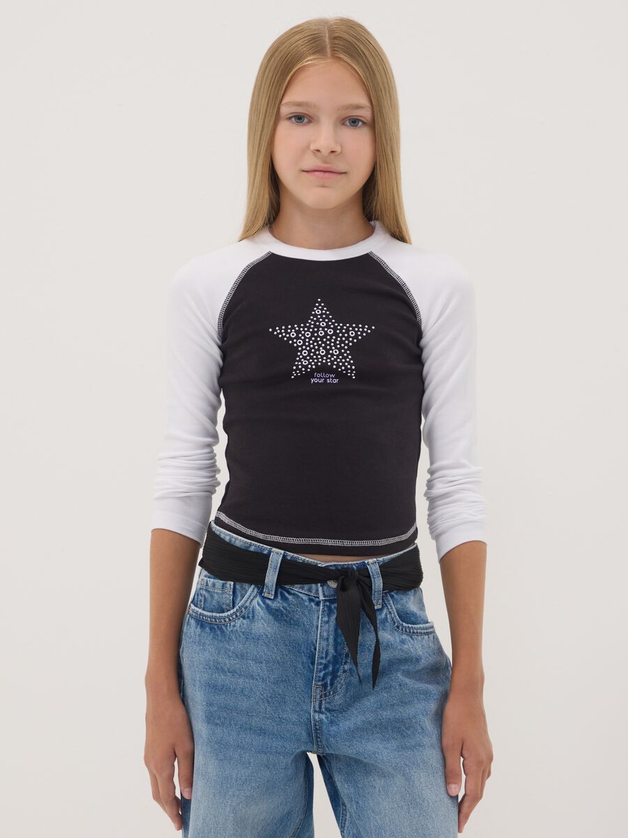 Blue stretch cotton T-shirt with ribbed neckline_0