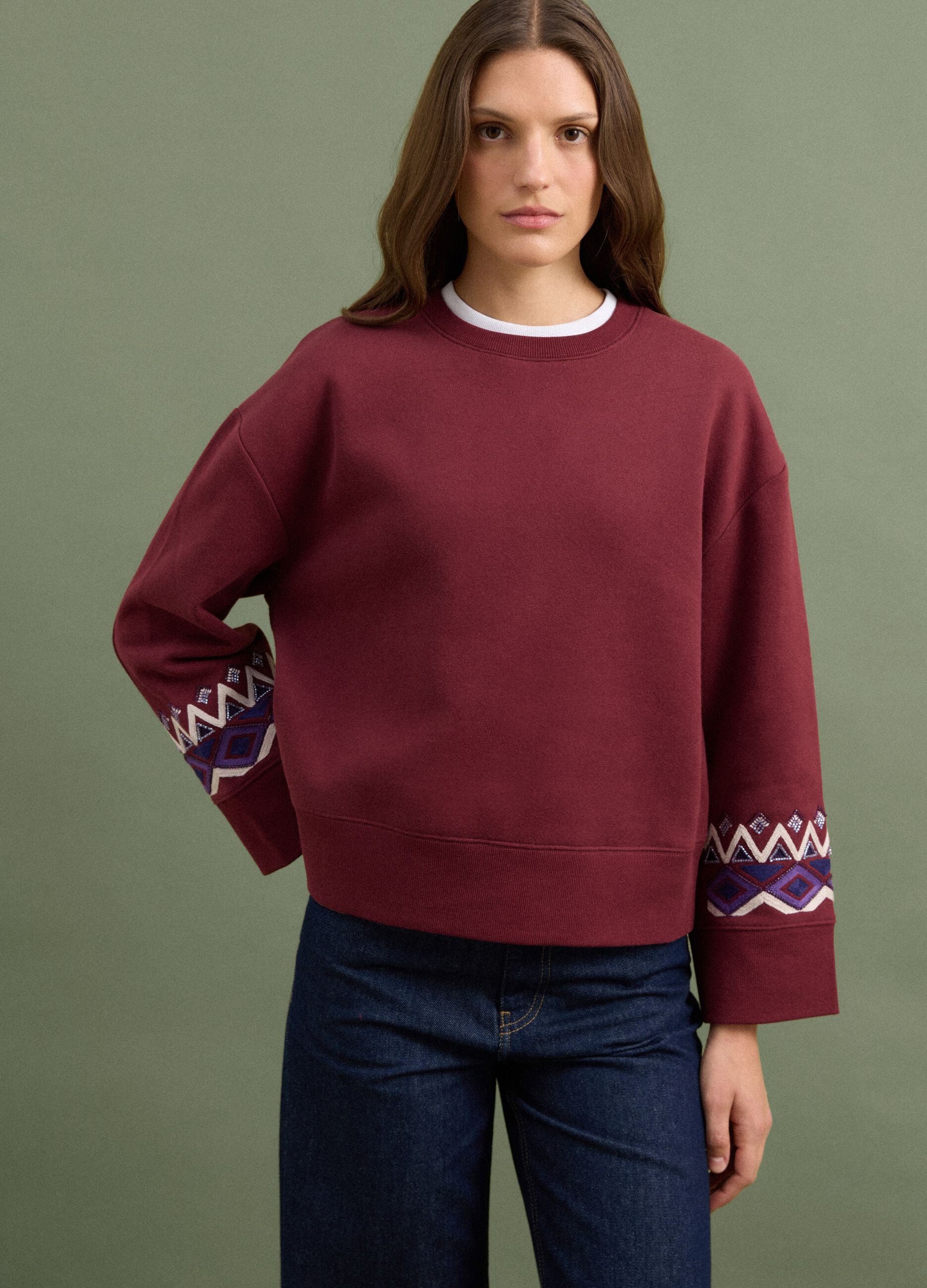 Red cotton-blend sweatshirt with regular fit pattern