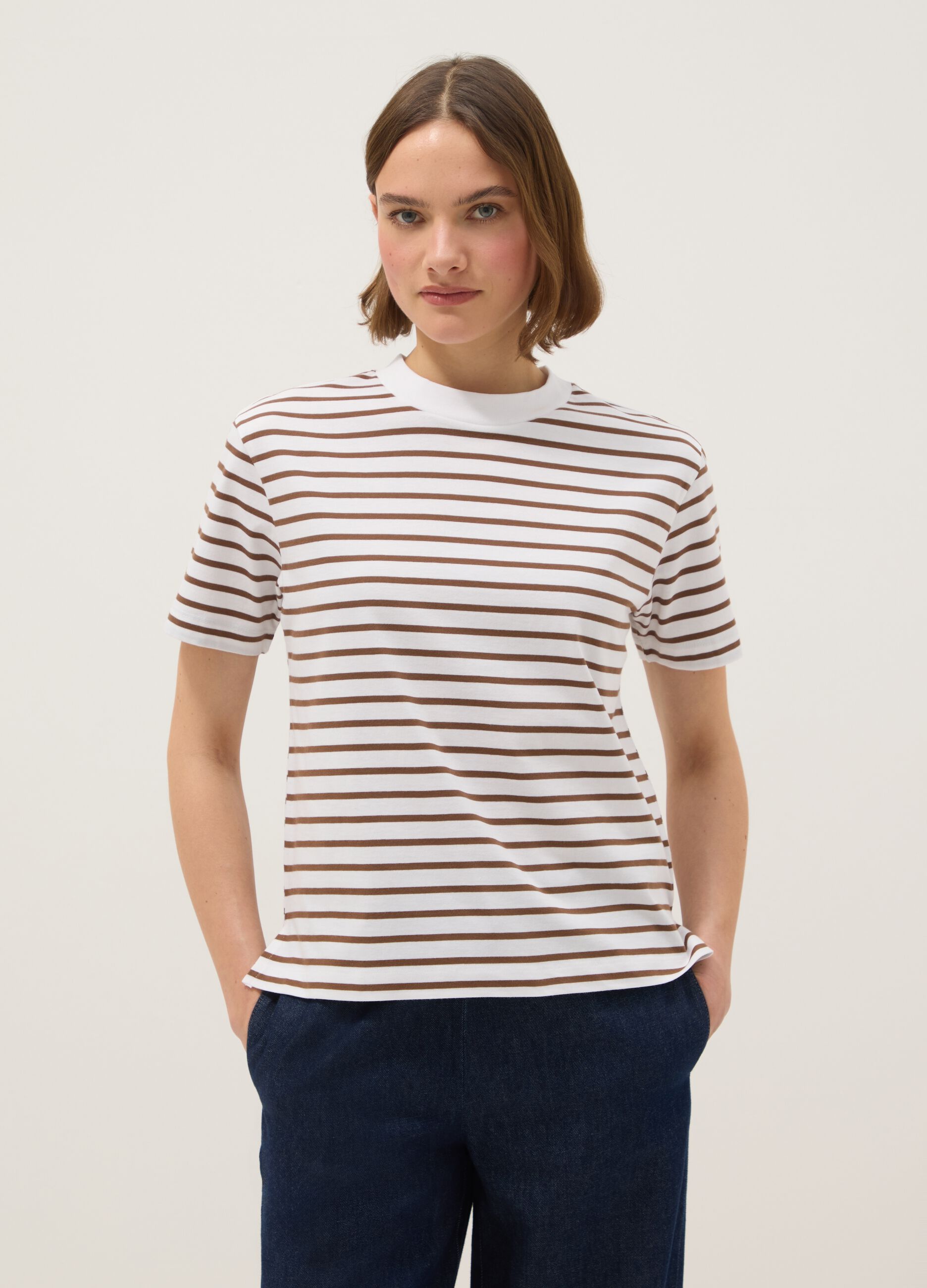 Striped Multicolour Crew-Neck T-Shirt in Pure Cotton, Regular Fit
