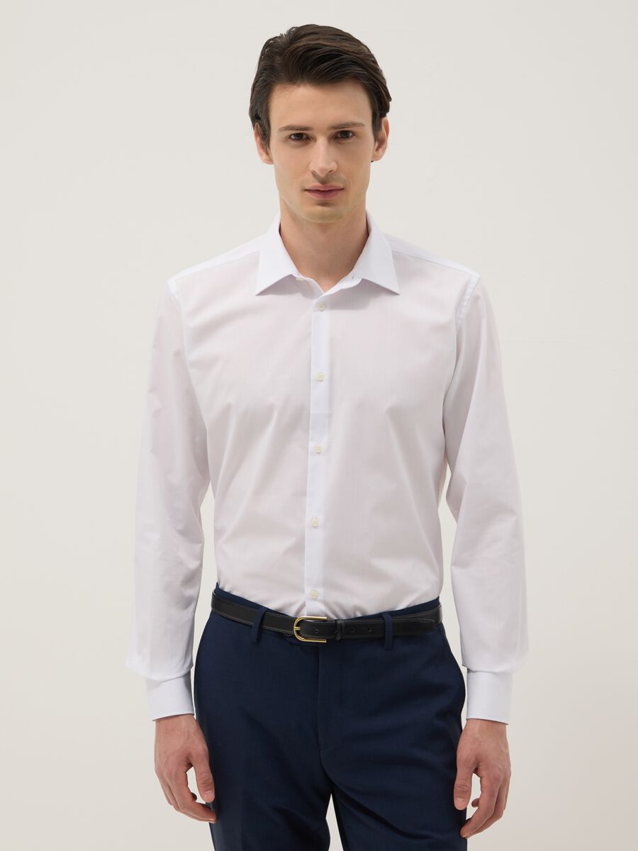 White long-sleeve cotton blend slim fit easy iron shirt_0