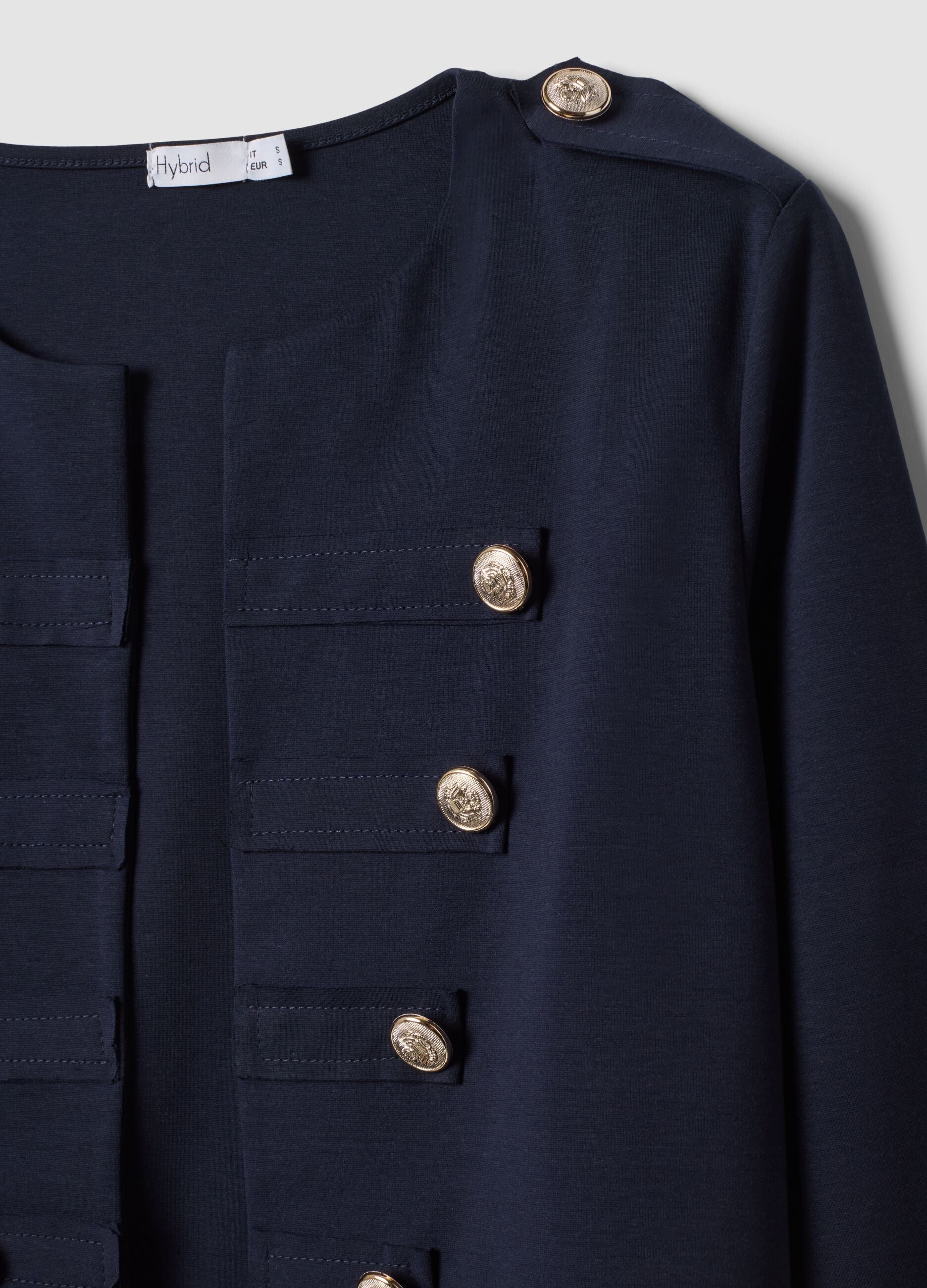 Blue cropped stretch cotton jacket with decorative buttons, regular fit