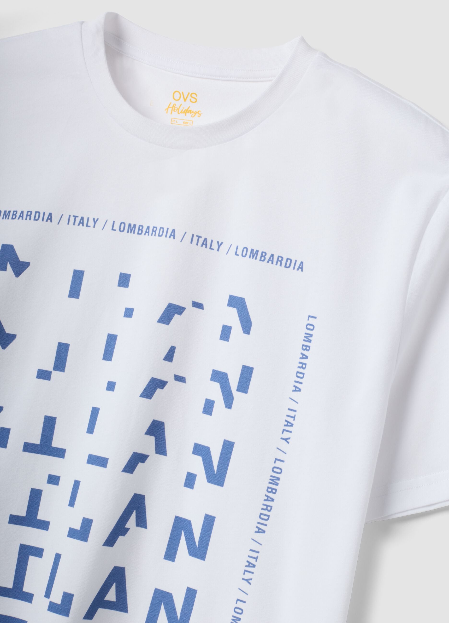 White pure cotton T-shirt with graphic print, regular fit