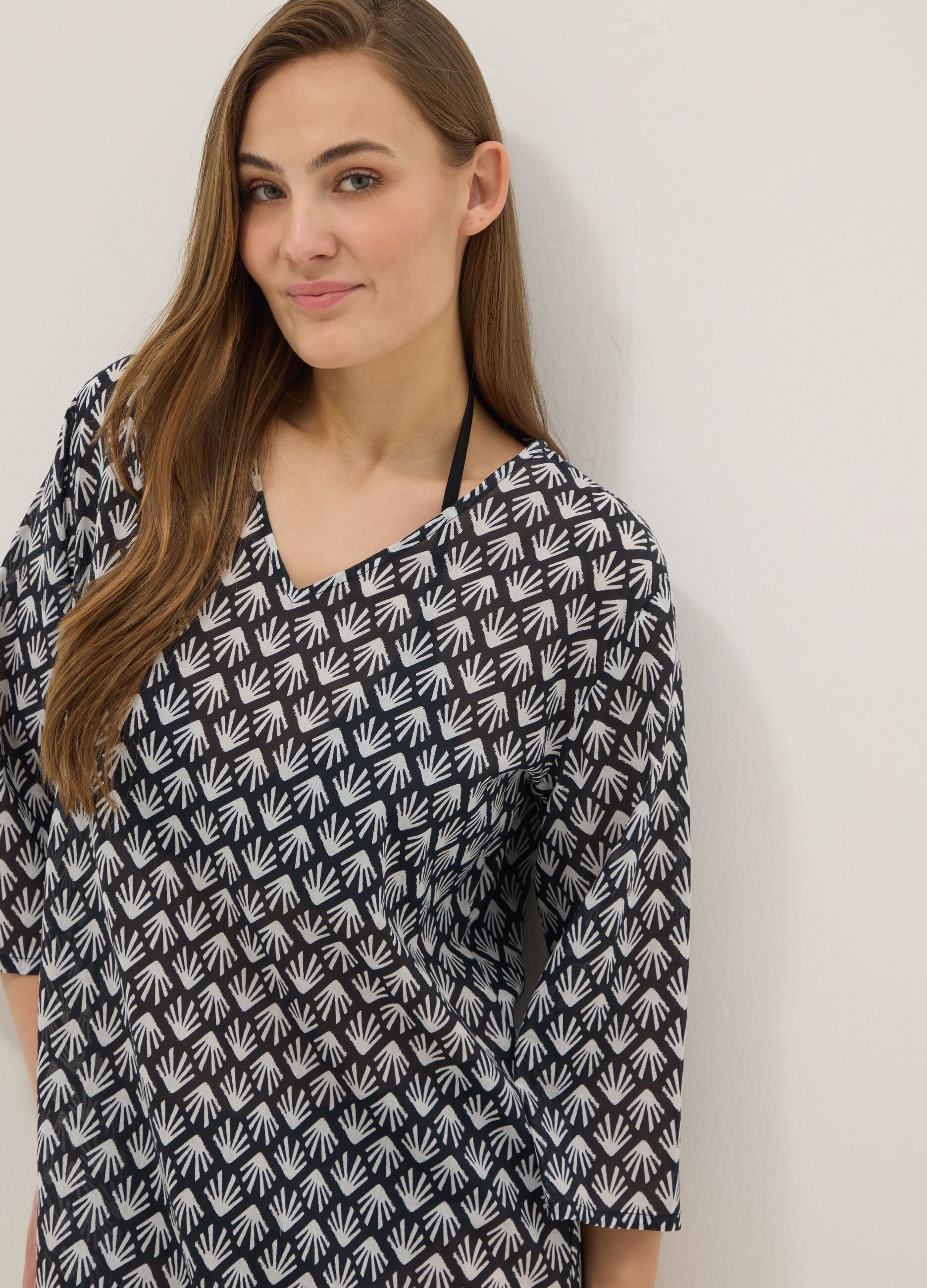 Multicolour pure cotton regular-fit beach cover-up with V-neck
