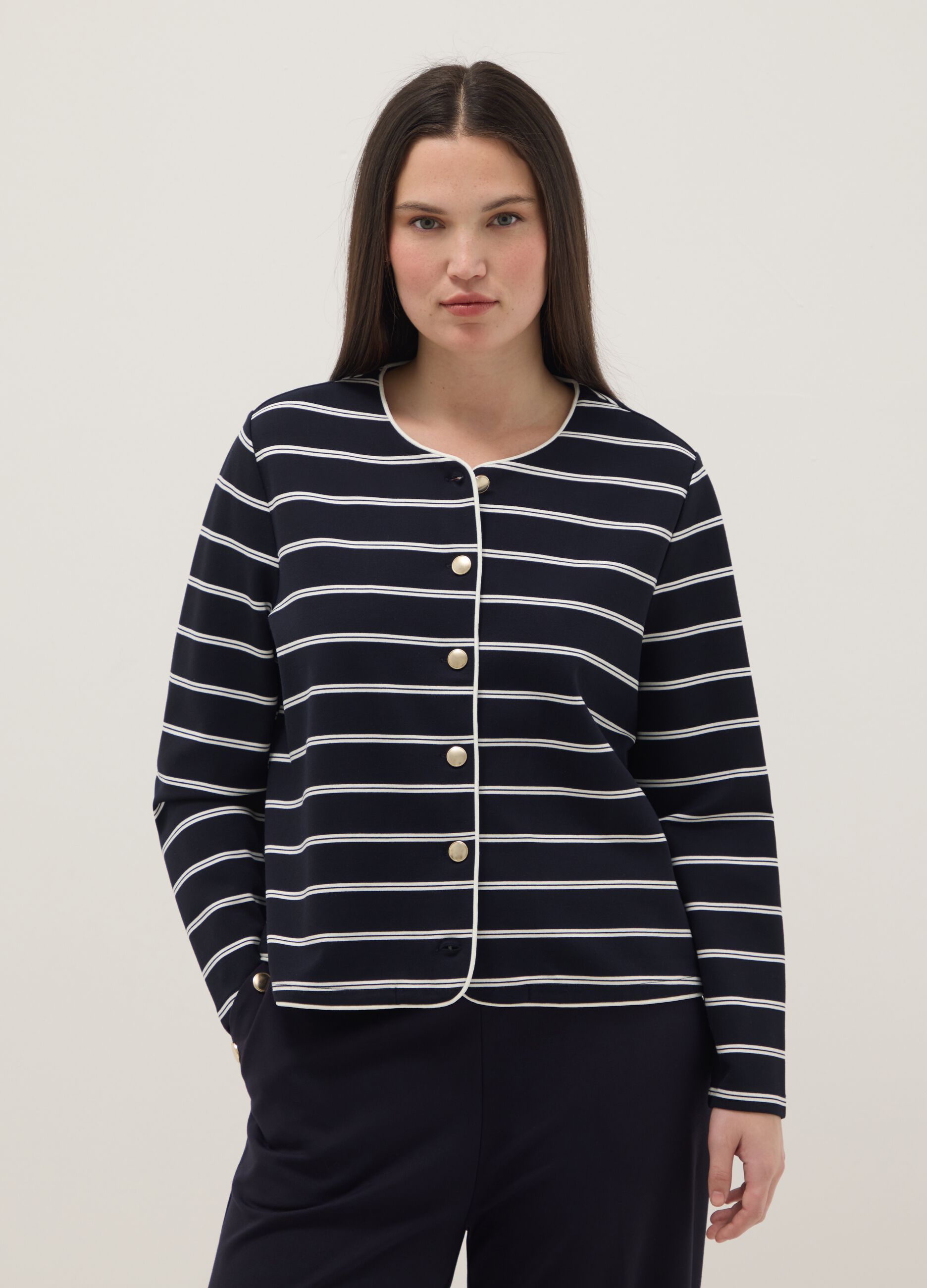 Multicolour Striped Viscose Blend Blazer Regular Fit with Buttons