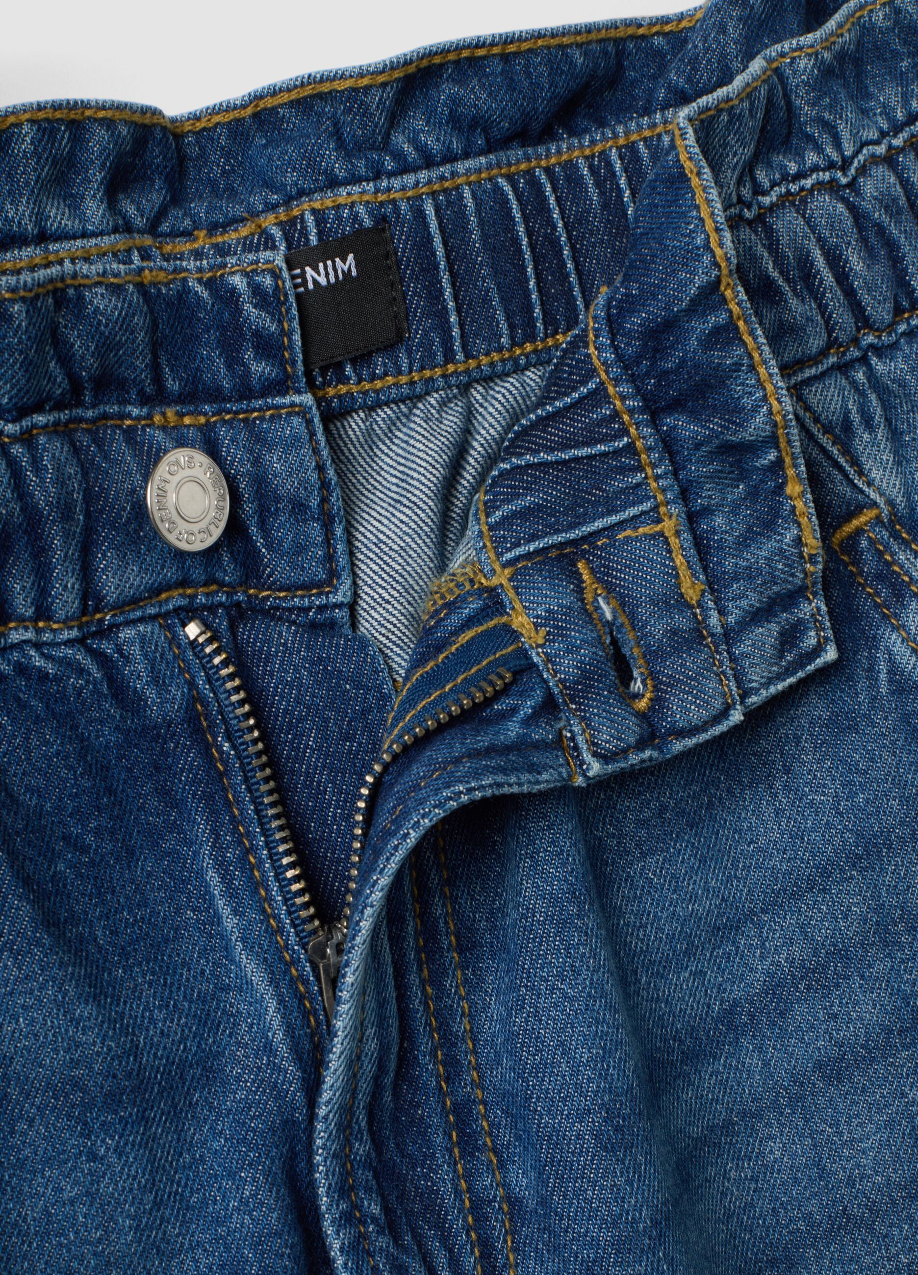 Blue pure cotton denim jeans with paperbag waist, baggy fit