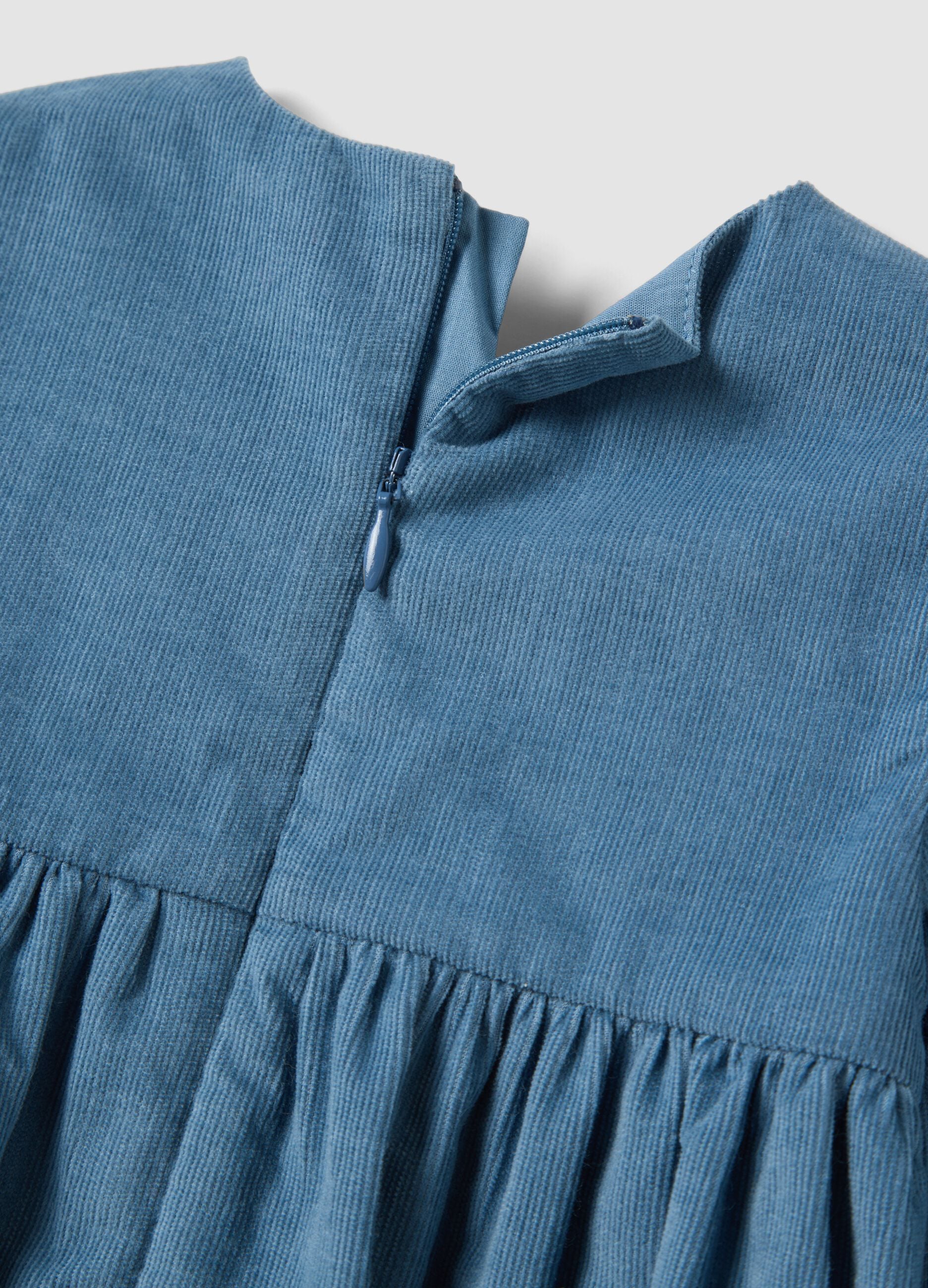 Blue pure cotton dress with floral embroidery and crew neck, oversized fit
