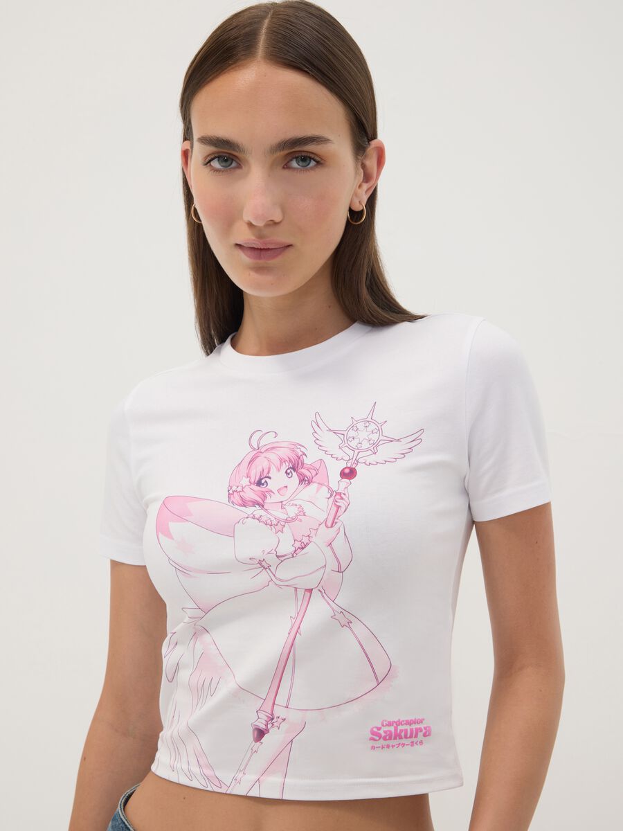 White stretch cotton T-shirt with Sakura print, regular fit_0