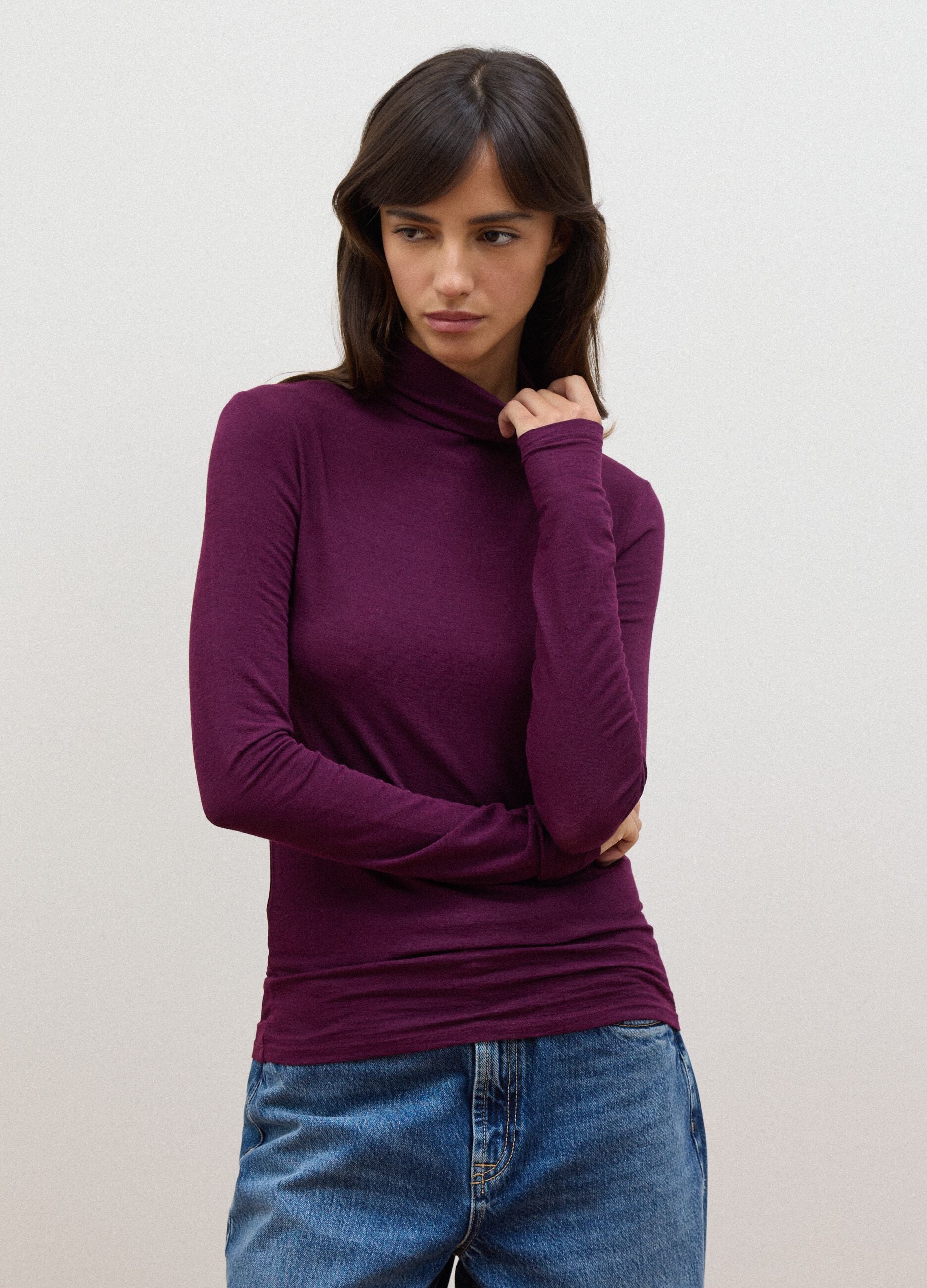 Purple modal and stretch cashmere T-shirt, regular fit