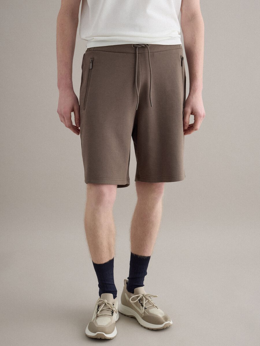 Brown regular fit stretch cotton blend shorts_1
