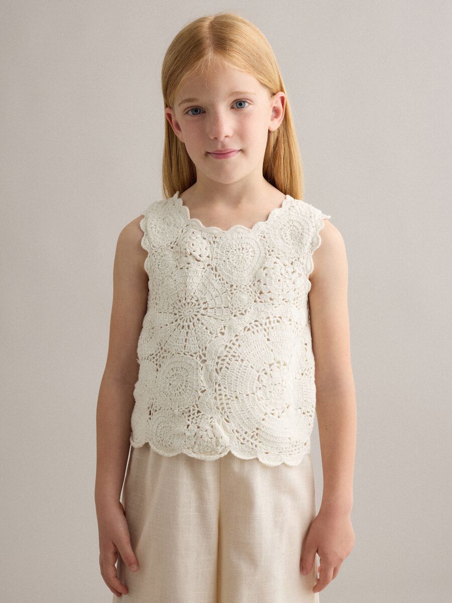 Girls&rsquo; white pure cotton tank top with floral open-knit pattern_0