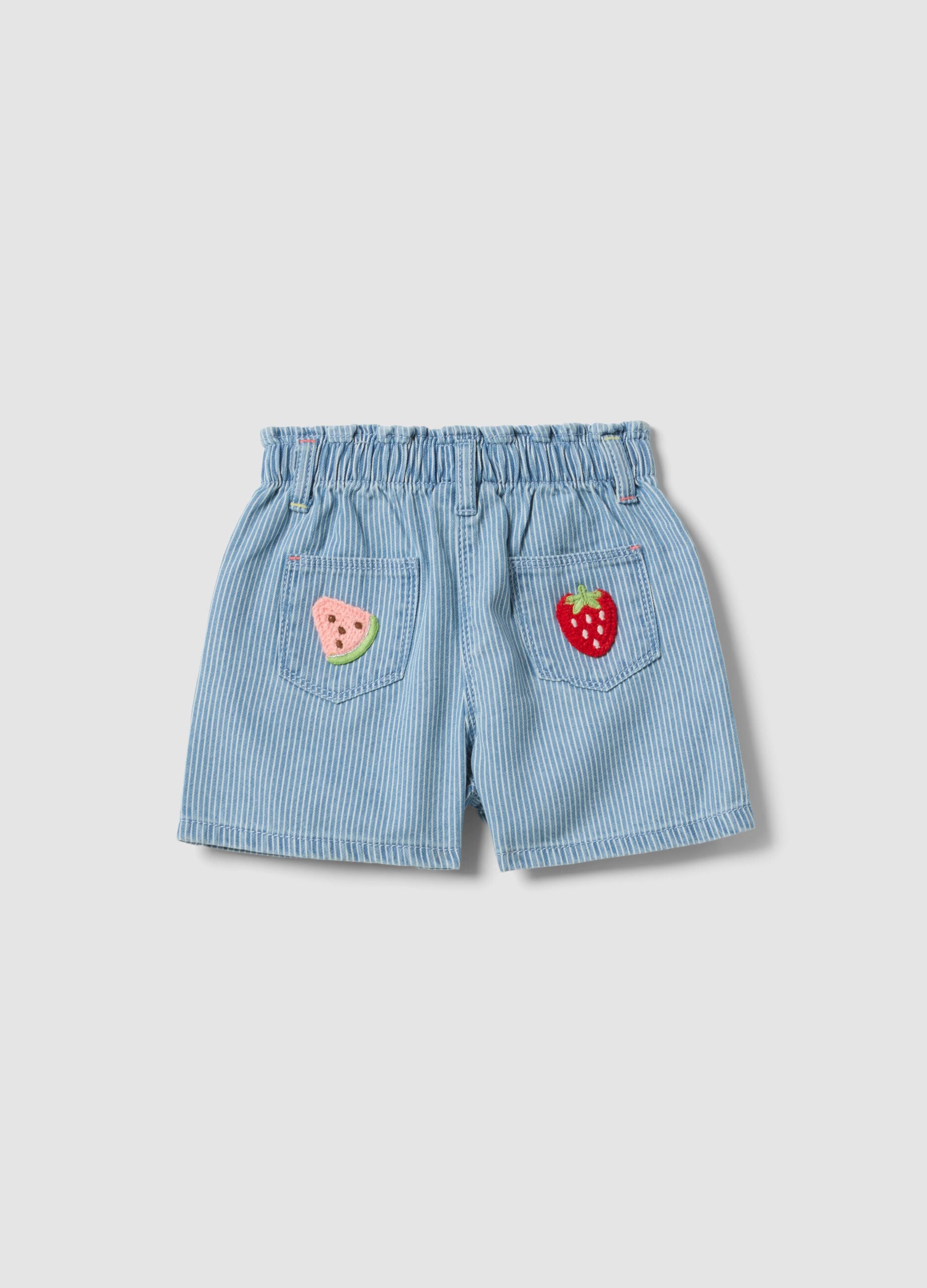 Girls&rsquo; light blue striped cotton-blend shorts with cherry embroidery