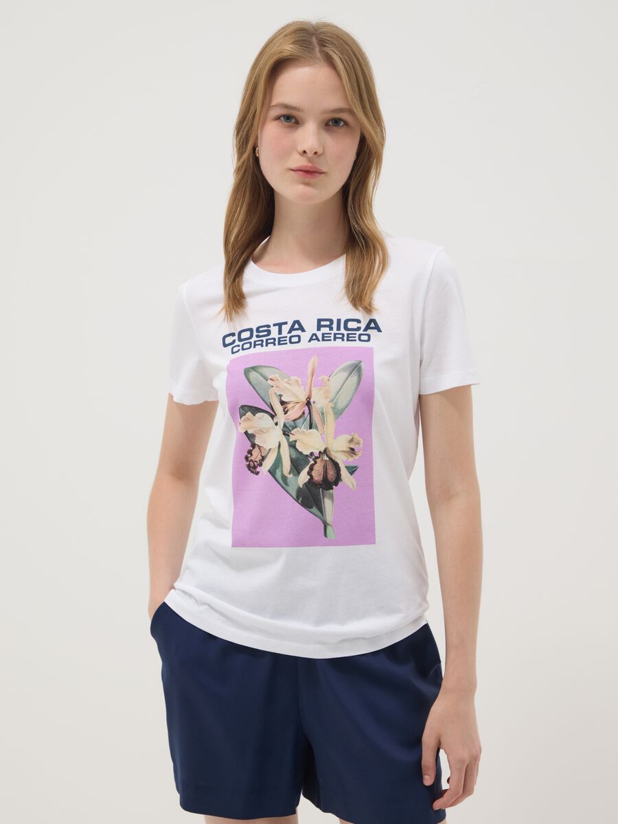 White pure cotton T-shirt with front print_0