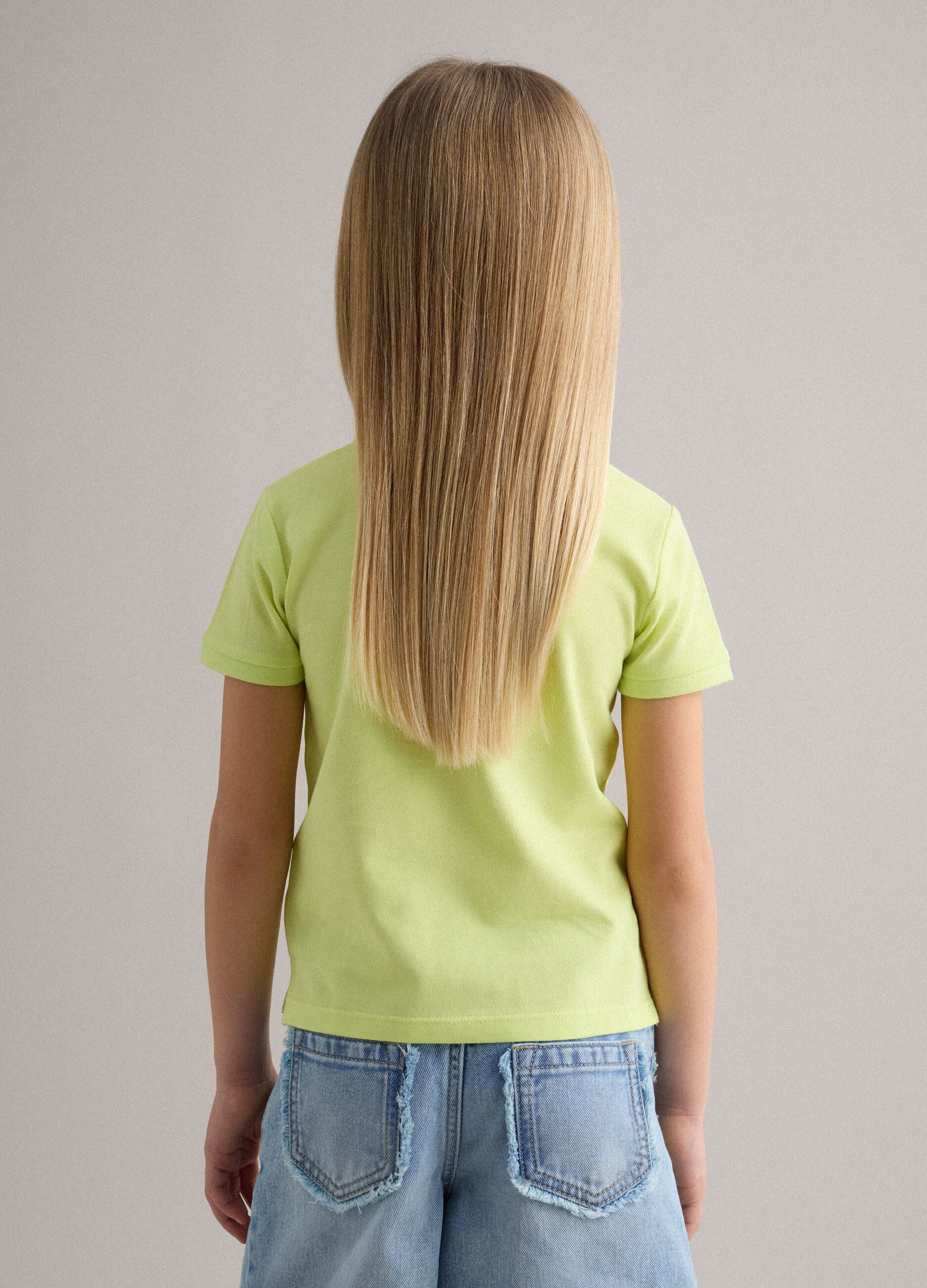 Girls' green pure cotton polo regular fit with embroidered flowers