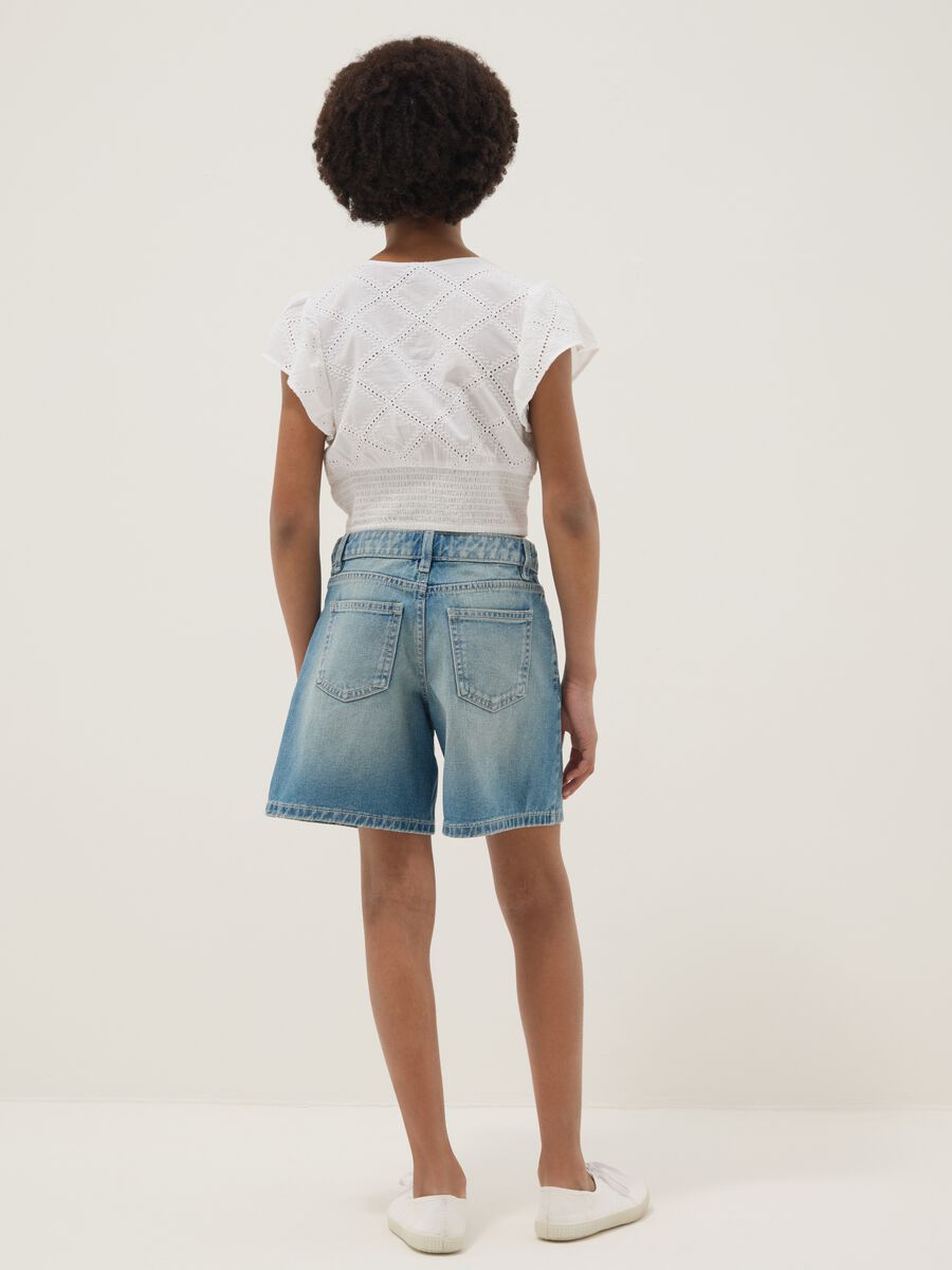 Blue pure-cotton denim shorts for girls, regular fit with polka-dot detail_1