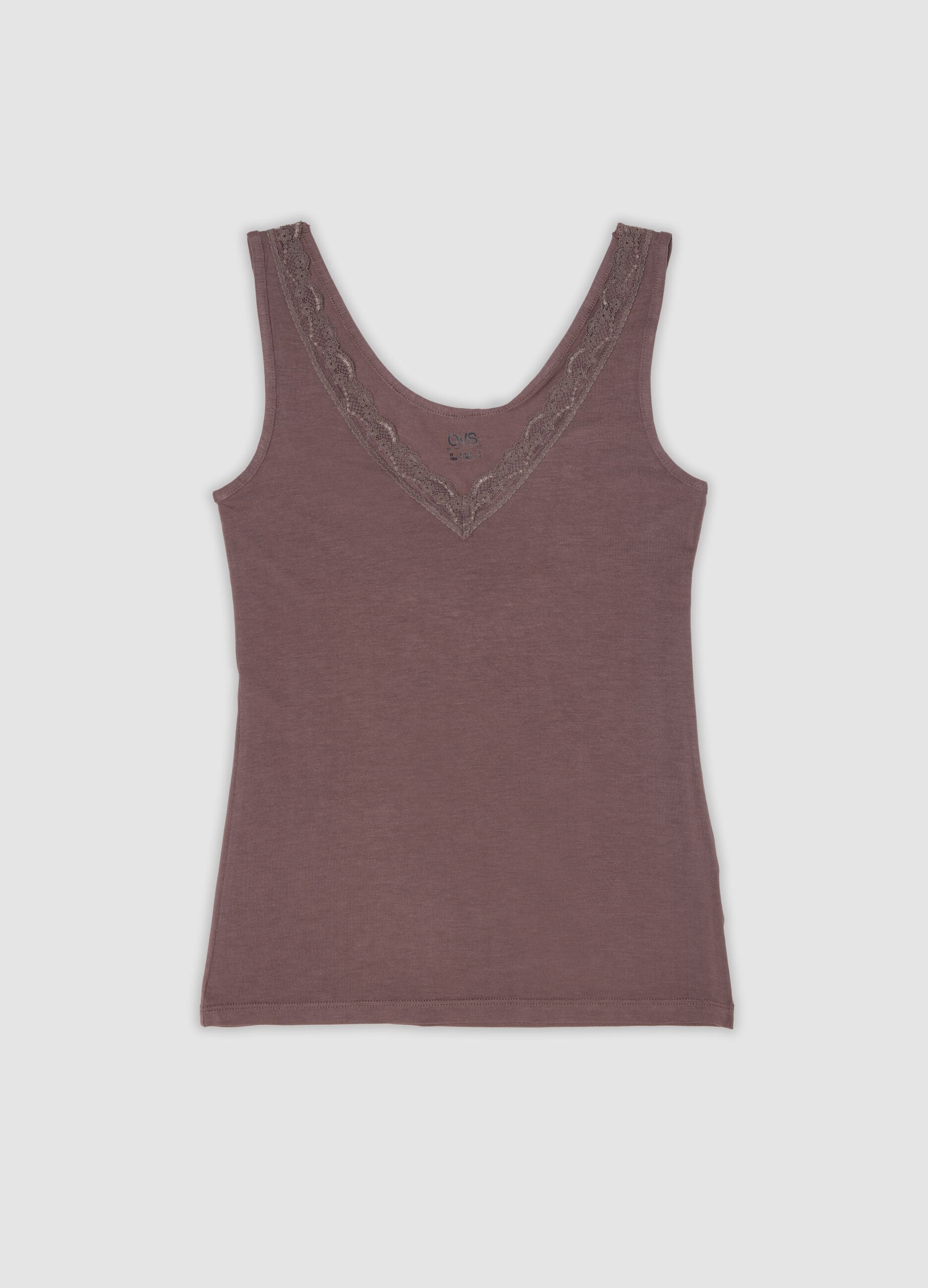 Brown stretch viscose camisole with deep V-neck and lace trim