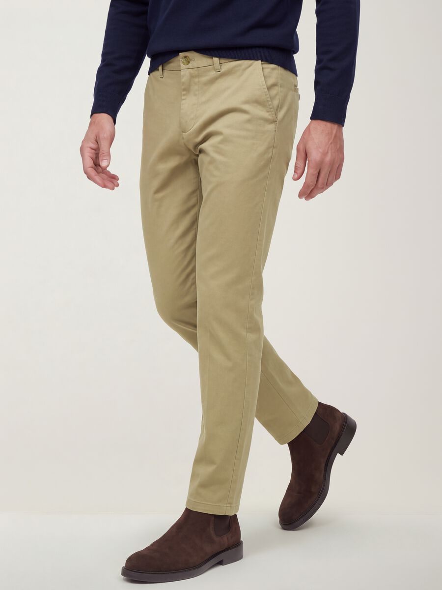 Beige slim-fit stretch cotton twill chino trousers_1