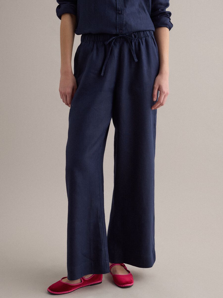 Blue pure linen drawstring trousers, straight fit_1