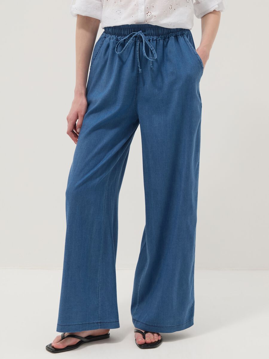 Blue wide-leg pure lyocell trousers, regular fit_1
