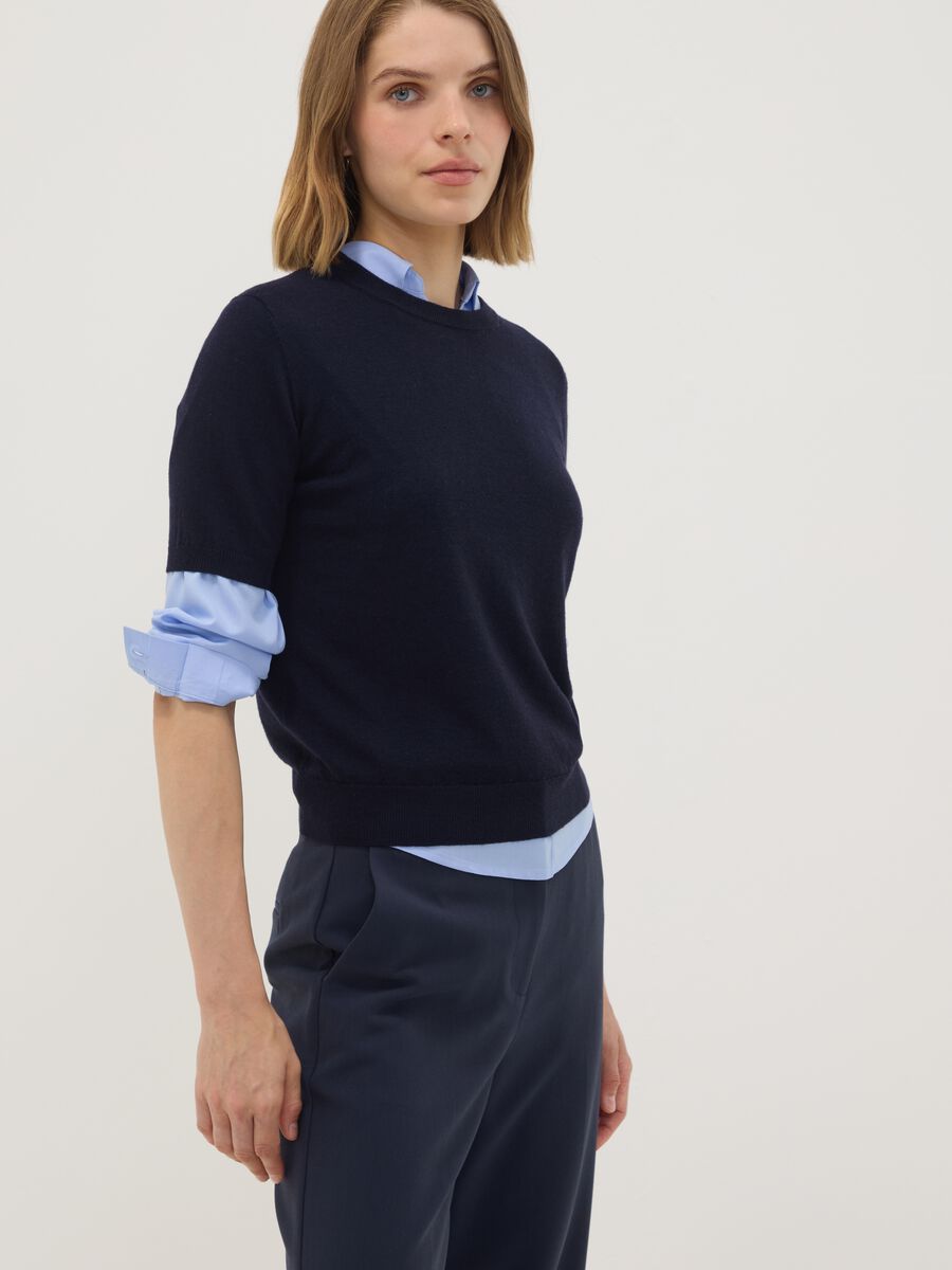 Navy wool-blend crew-neck short-sleeve jumper, regular fit_0
