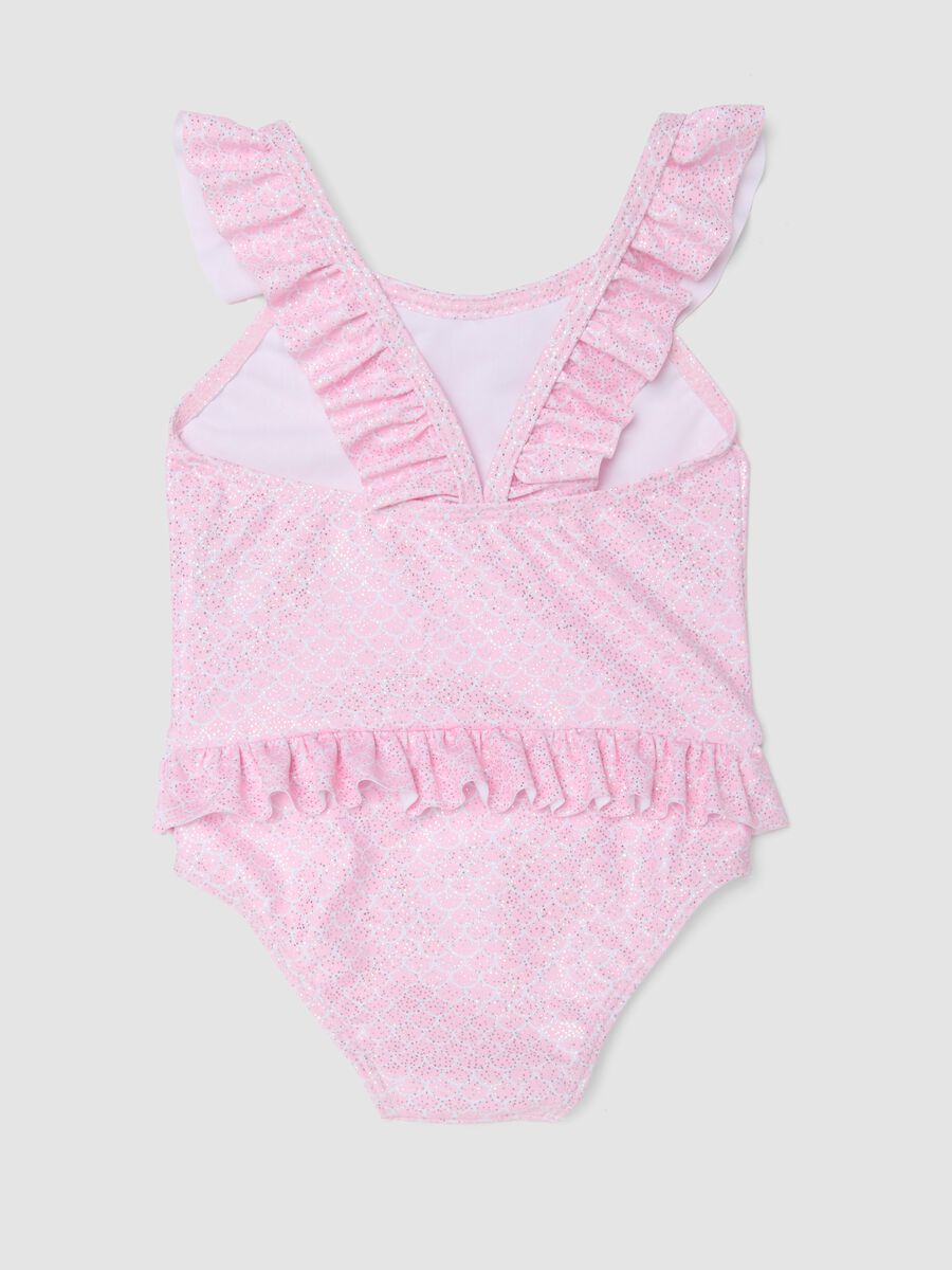 Costume intero rosa in tessuto elasticizzato con volant per neonate_1