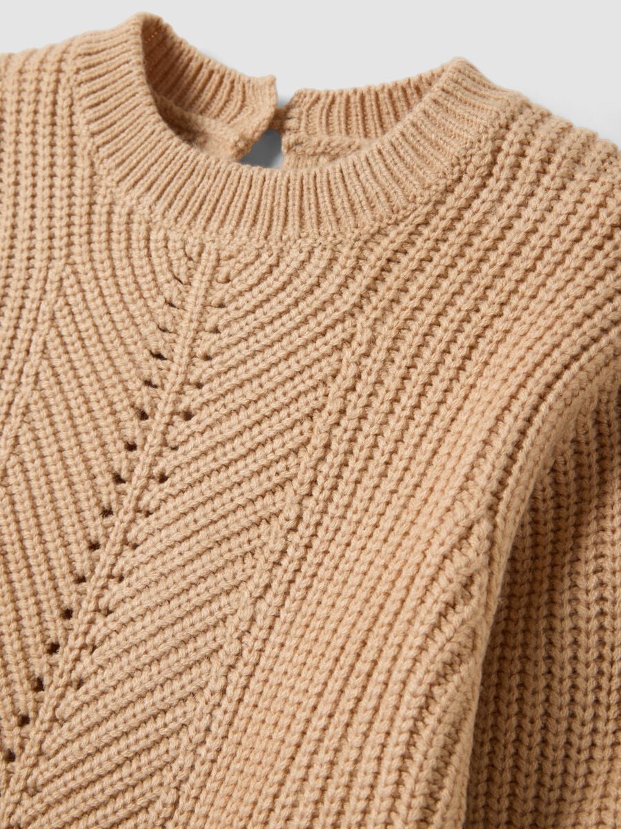 Beige knit jumper with openwork crew neck_2