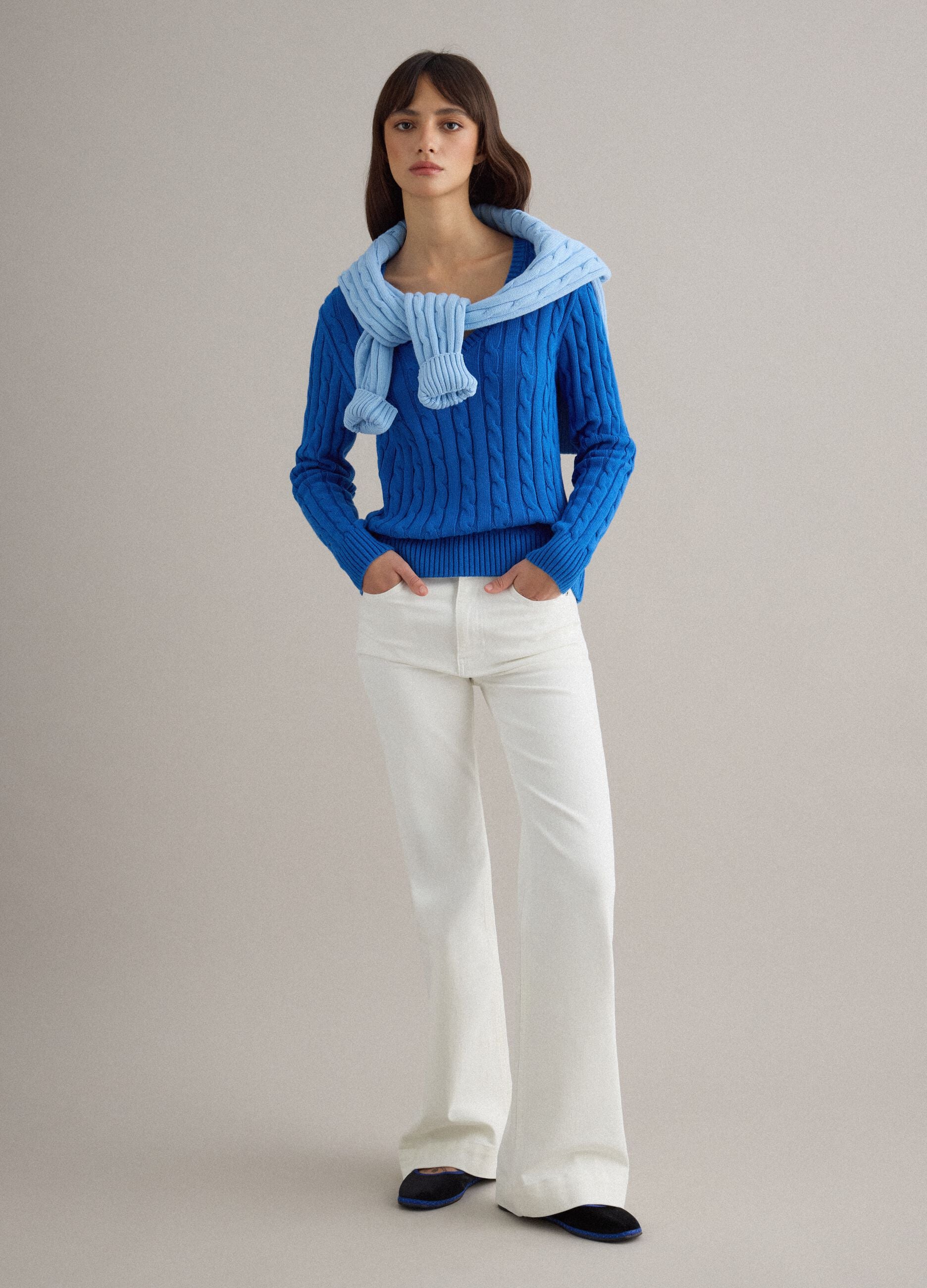 Blue pure cotton regular fit pullover with cable knit