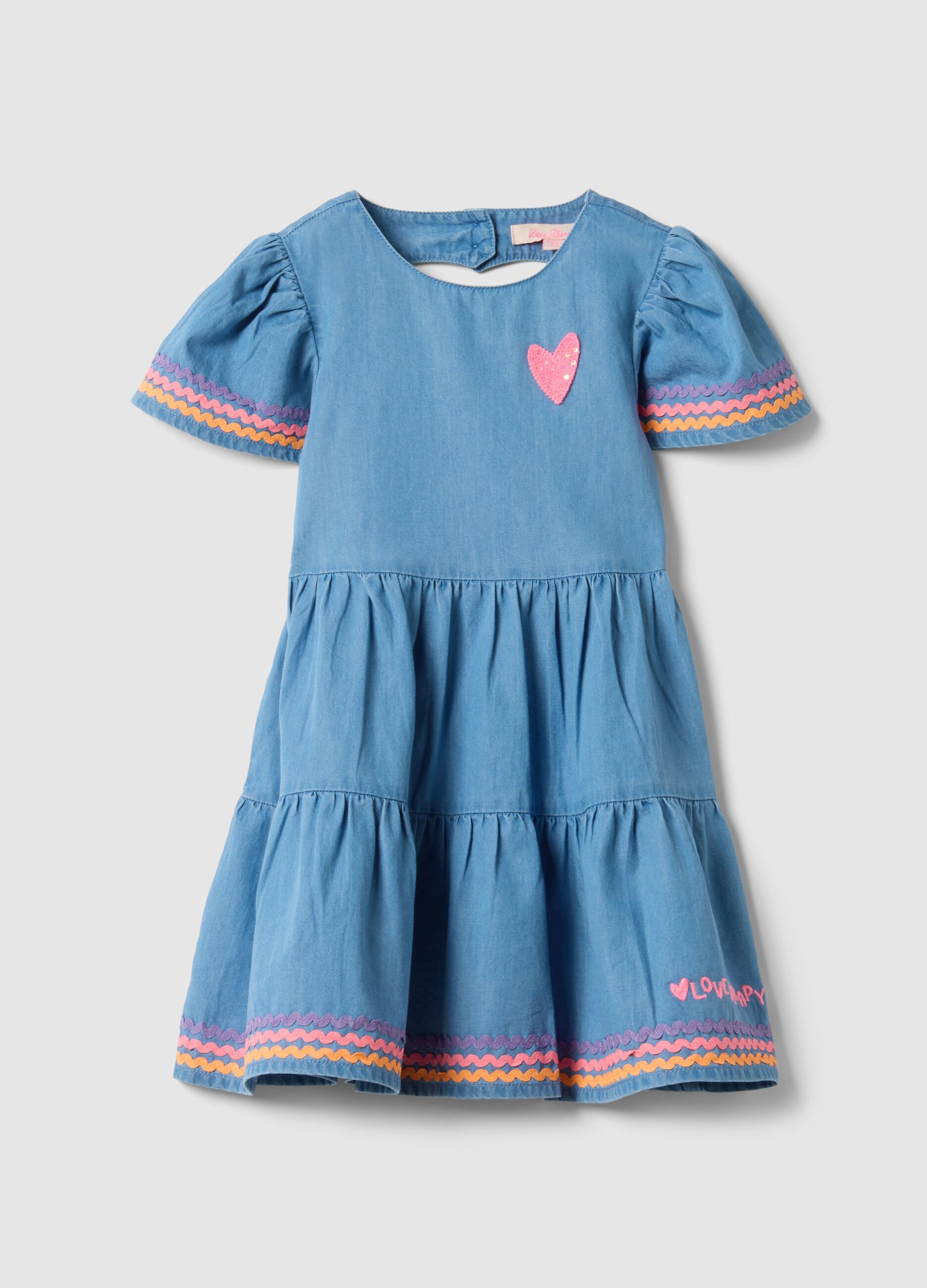 Girls' regular fit blue denim pure cotton dress with ruffles