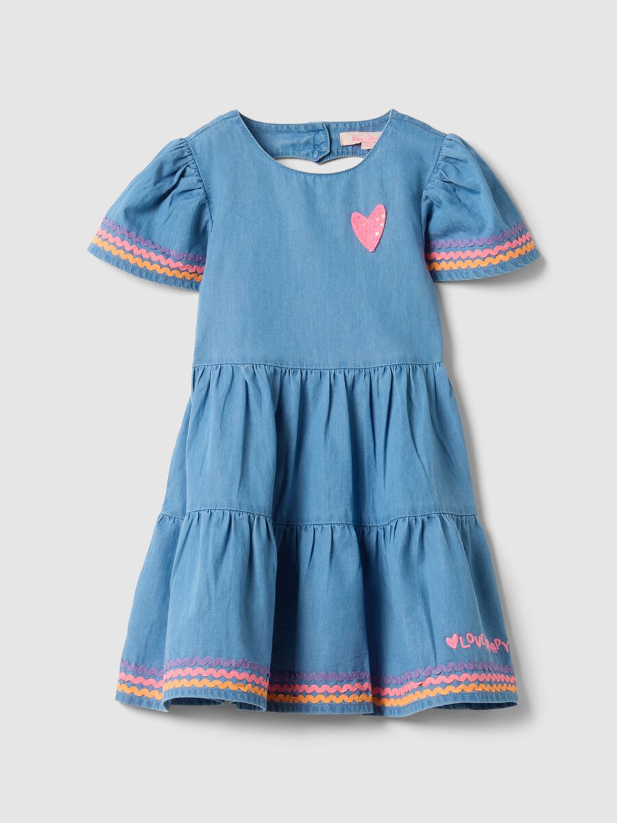 Girls' regular fit blue denim pure cotton dress with ruffles_0