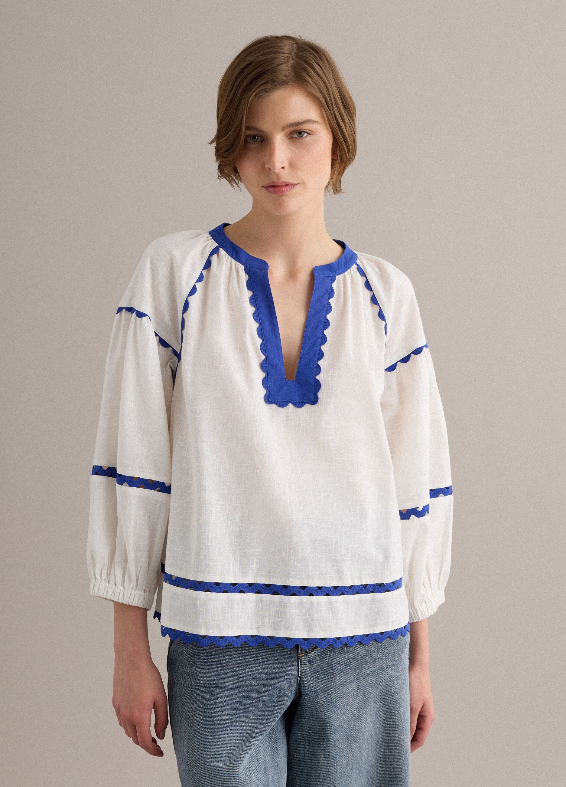 White pure cotton blouse with blue piping, regular fit