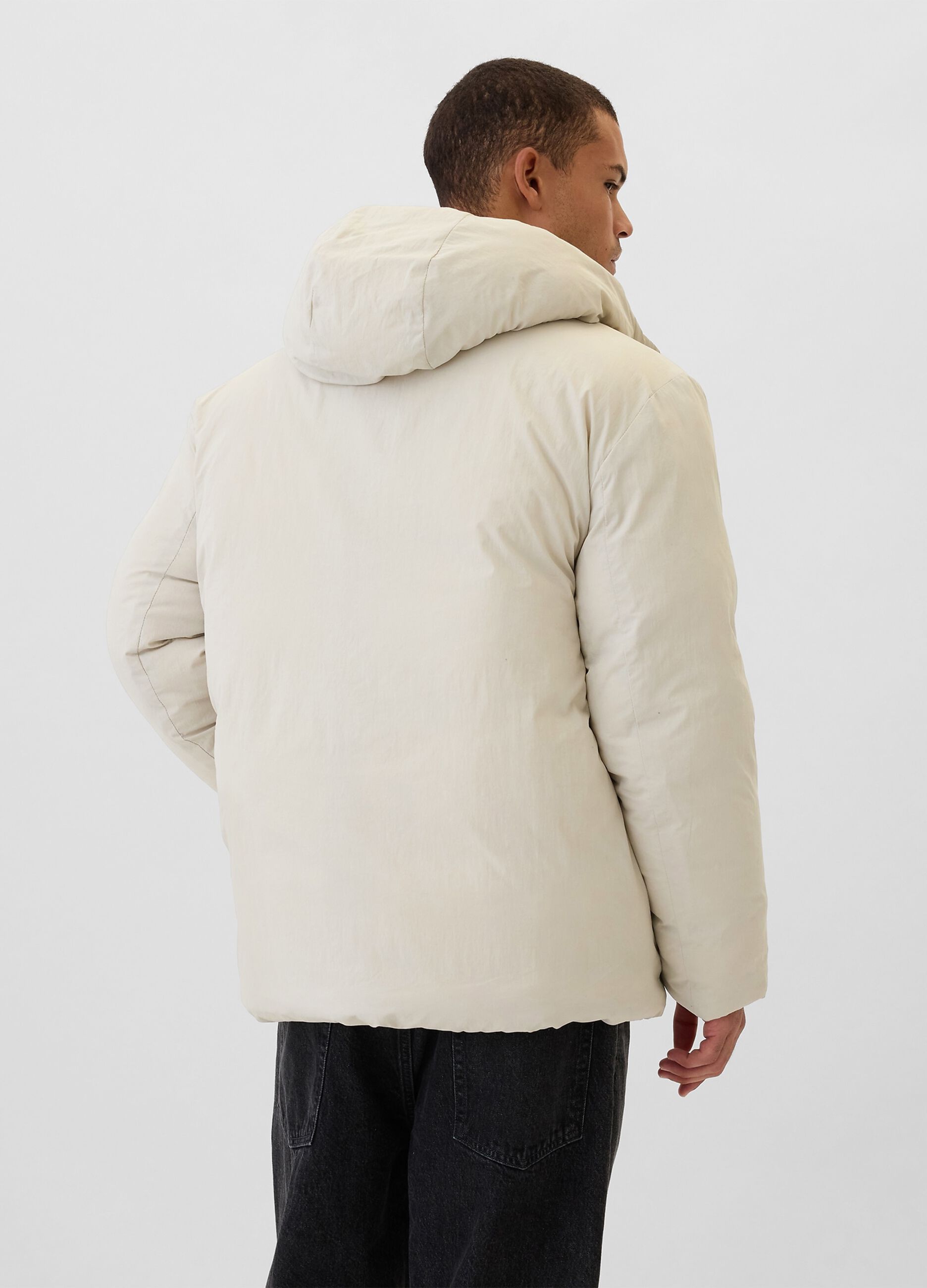 Down jacket with hood and logo embroidery