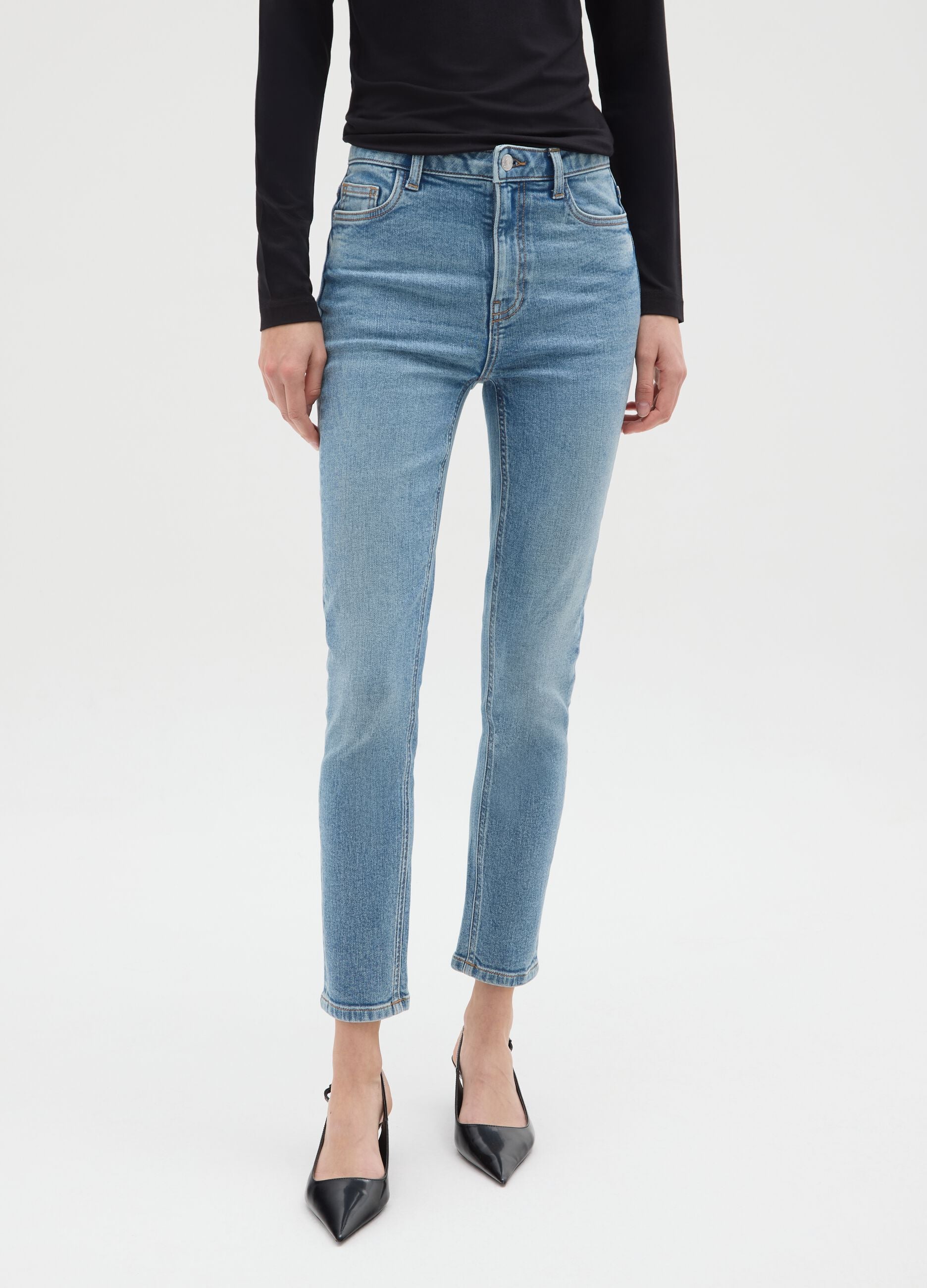 High-waisted blue skinny jeans in stretch cotton