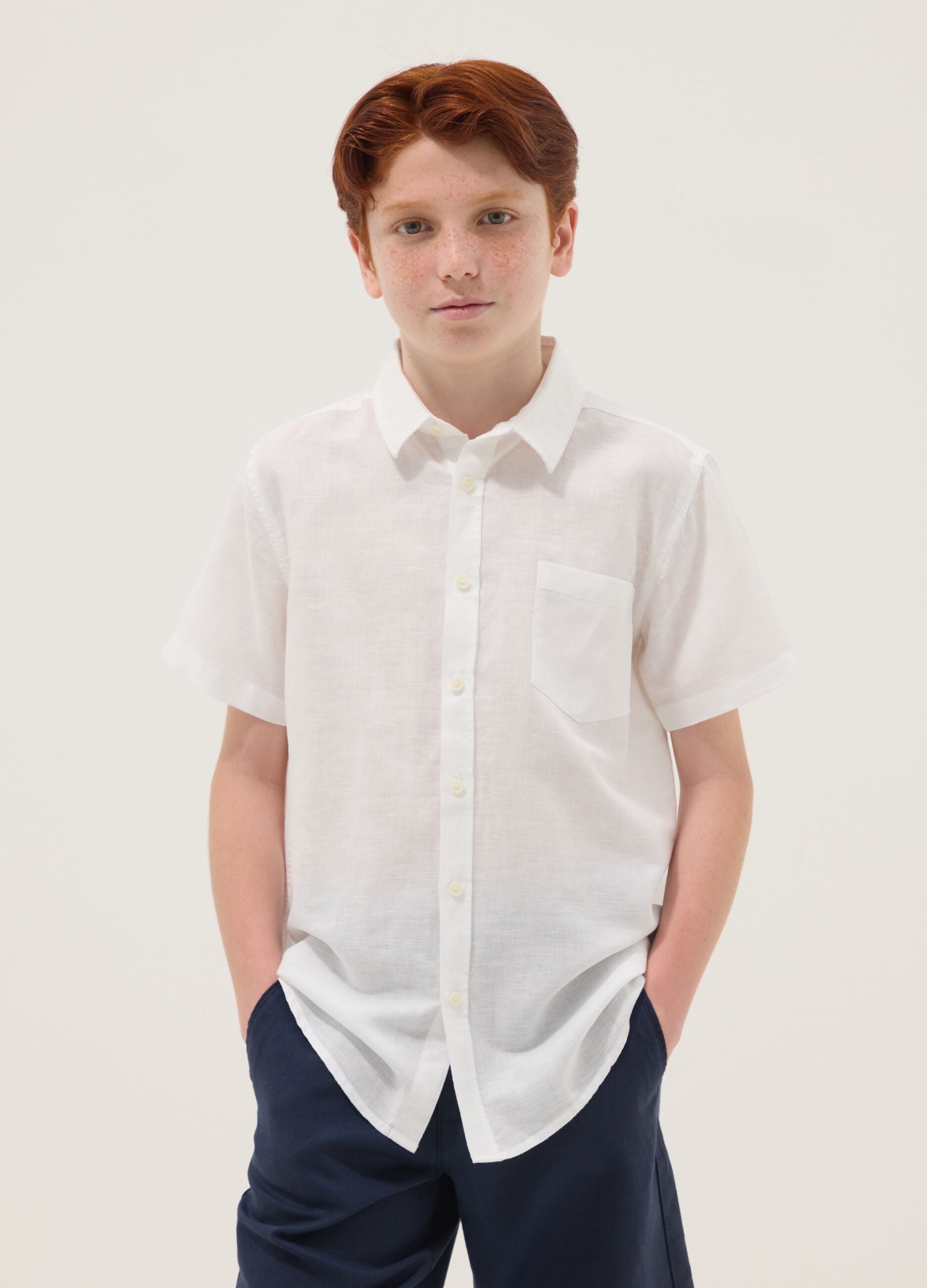 Boys&rsquo; white linen-cotton blend shirt, regular fit