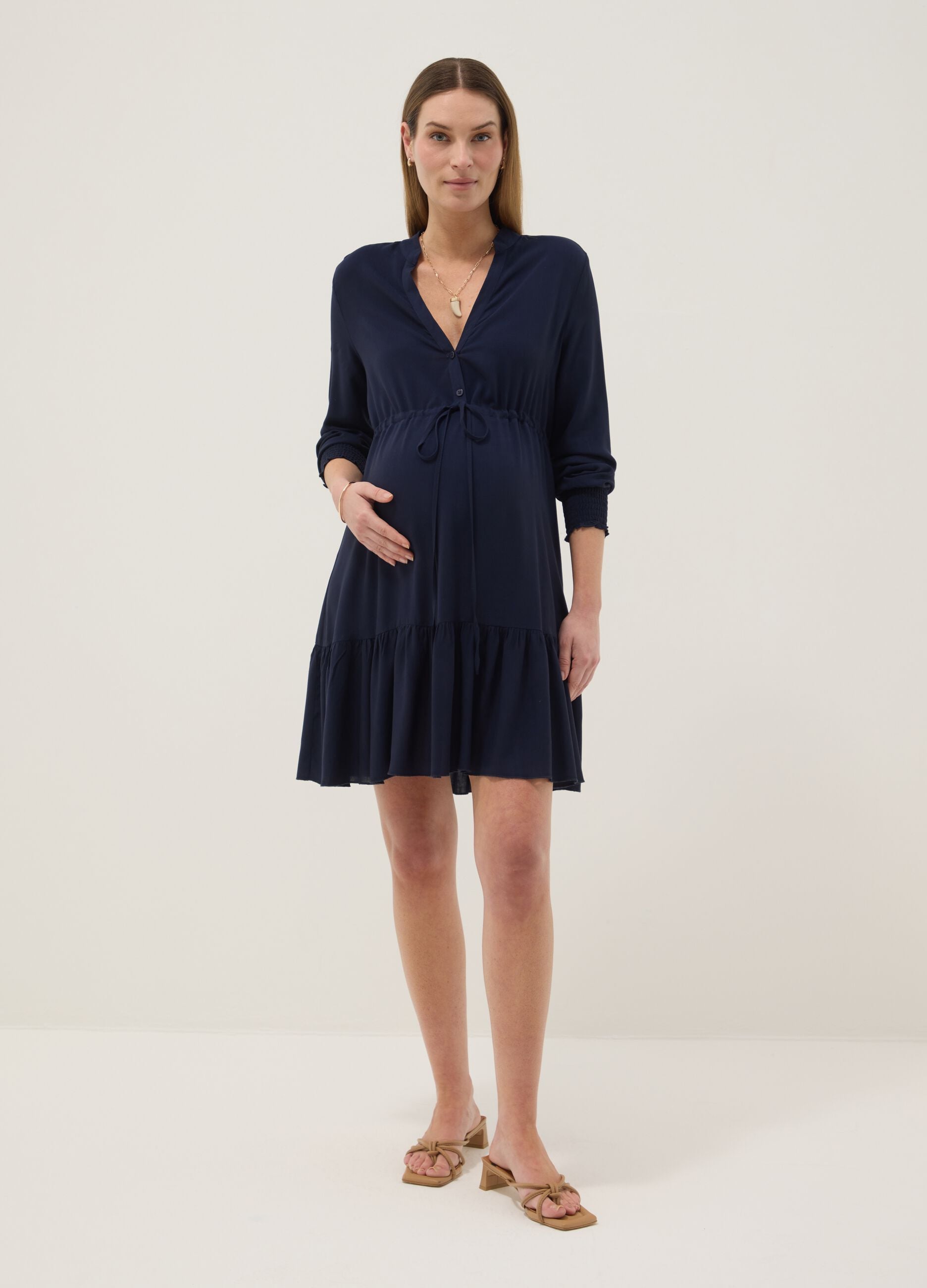Maternity Blue Dress in Pure Viscose with Mandarin Collar