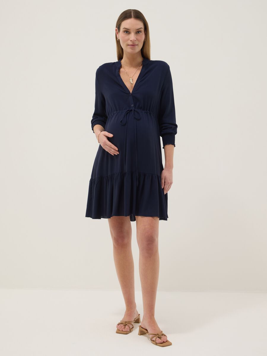 Maternity Blue Dress in Pure Viscose with Mandarin Collar_0