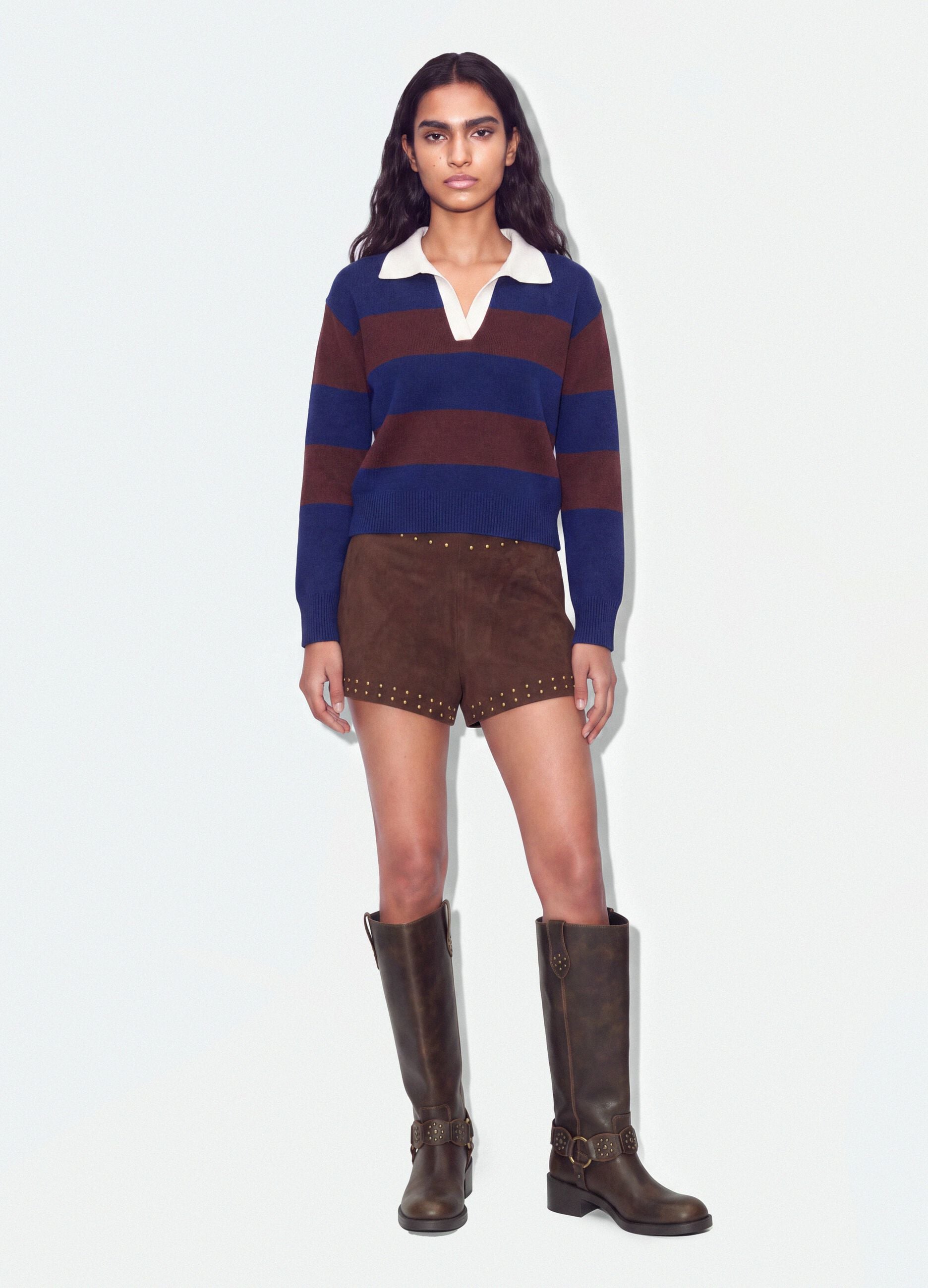Blue striped viscose-blend polo-collar jumper, regular fit