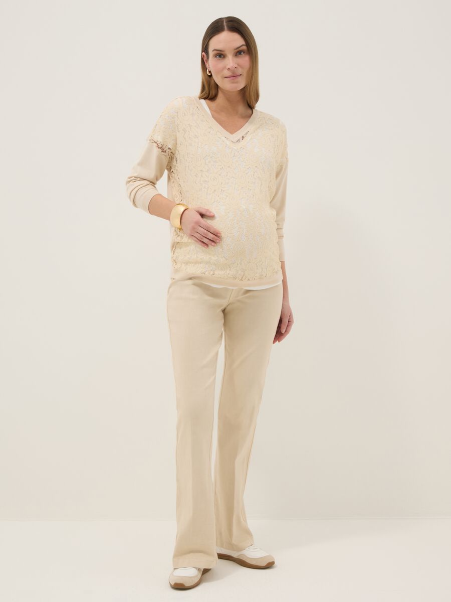 Beige maternity sweater in viscose blend with lace detailing_0