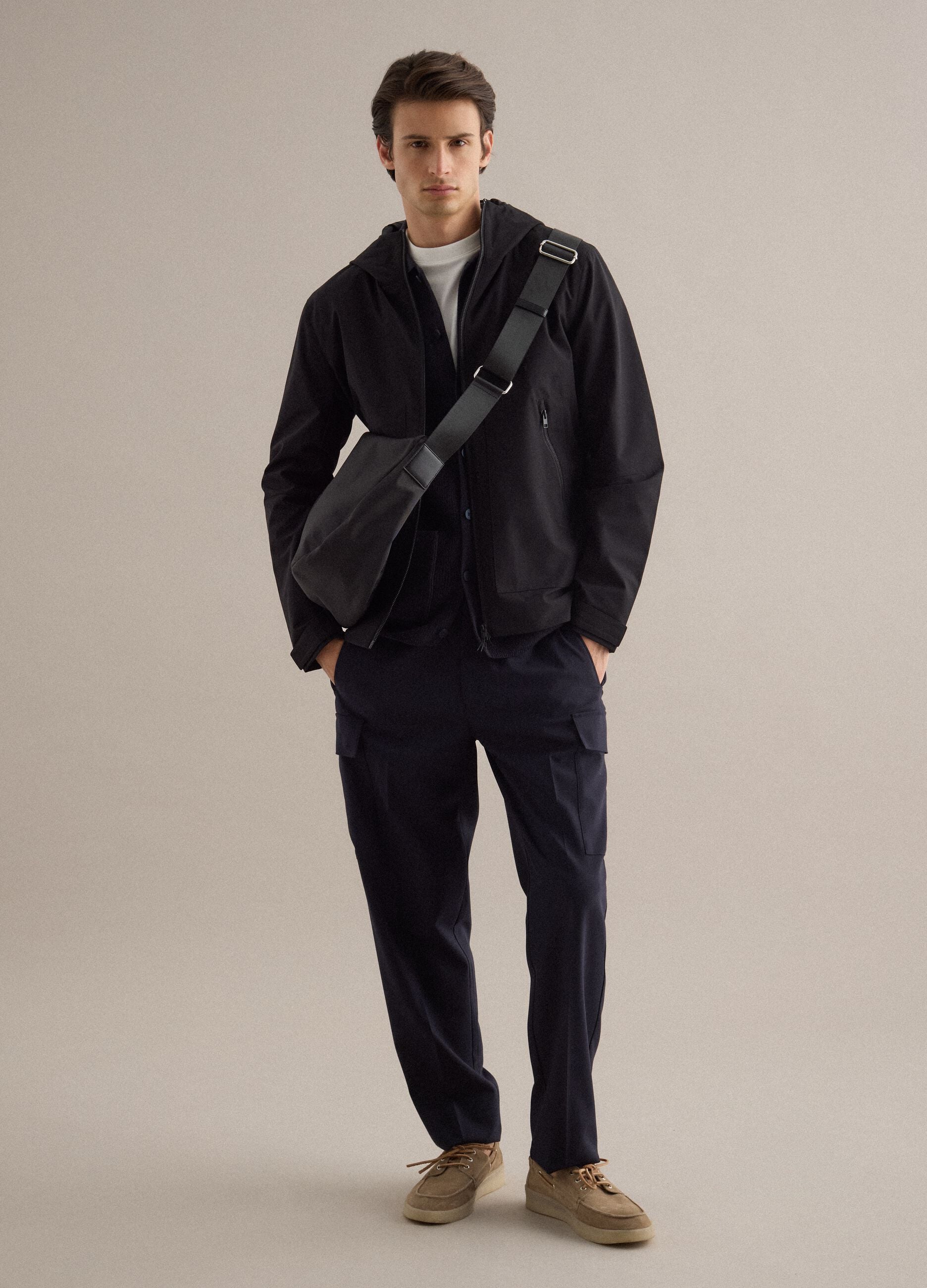 Black regular fit jacket with hood and zip