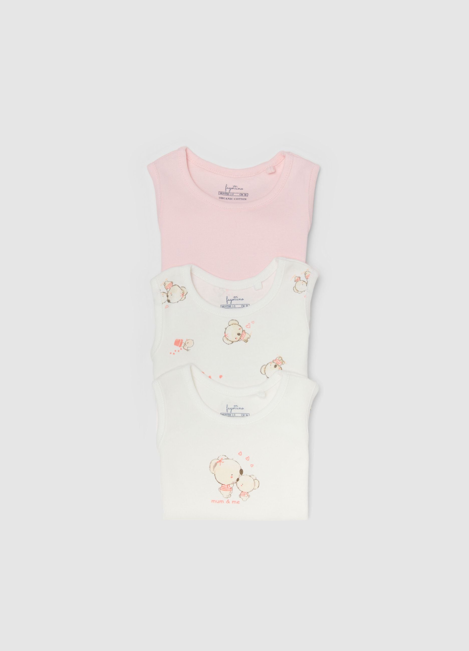 Pack of three sleeveless multicolour bodysuits in pure cotton for baby girls