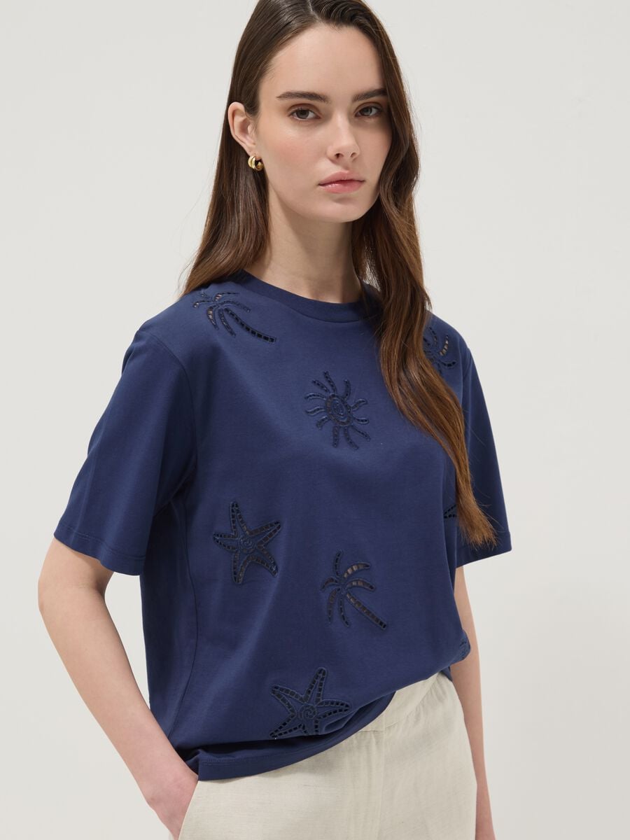 Blue pure cotton T-shirt with openwork embroidery, regular fit_0