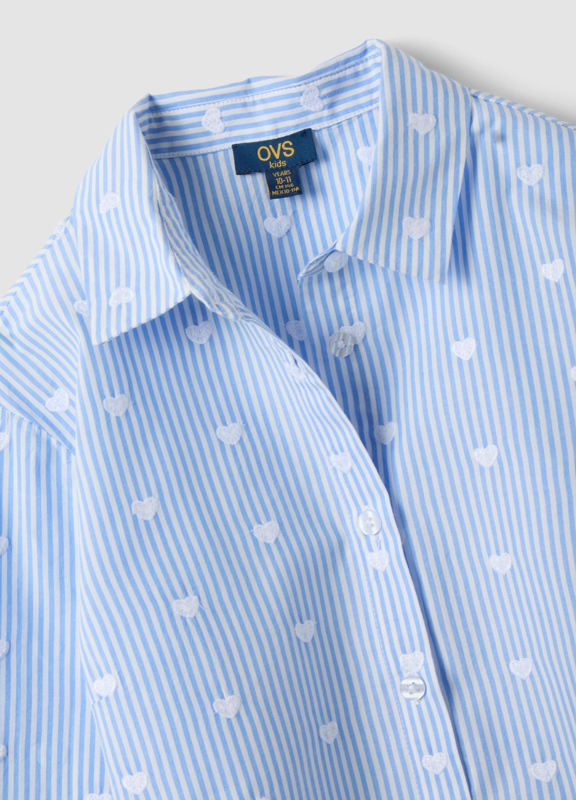 Blue striped pure cotton shirt with hearts for girls