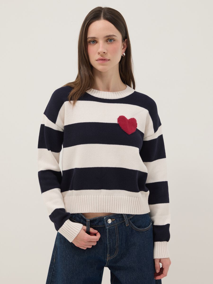 Regular fit multicolour striped cotton blend jumper with heart_0