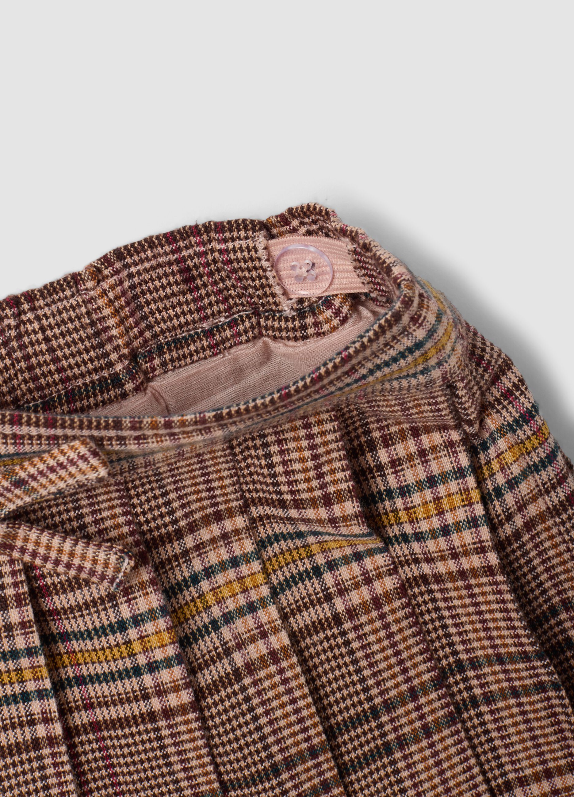 Brown pleated checked stretch viscose skirt for baby girls
